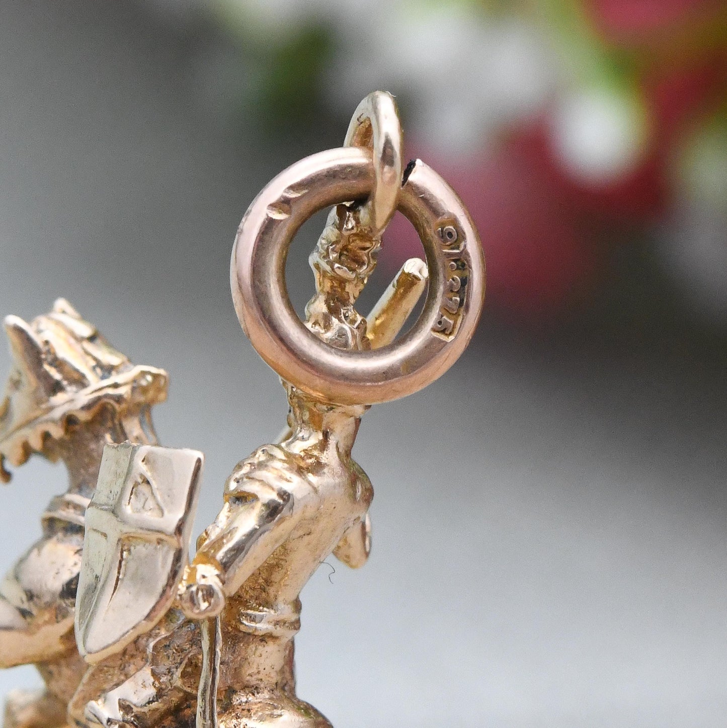 Vintage 9ct Gold Watch Fob Pendant St George and the Dragon 1973 by Fred Manshaw - Large Detailed Gold Charm Antique Style Black Carved Seal