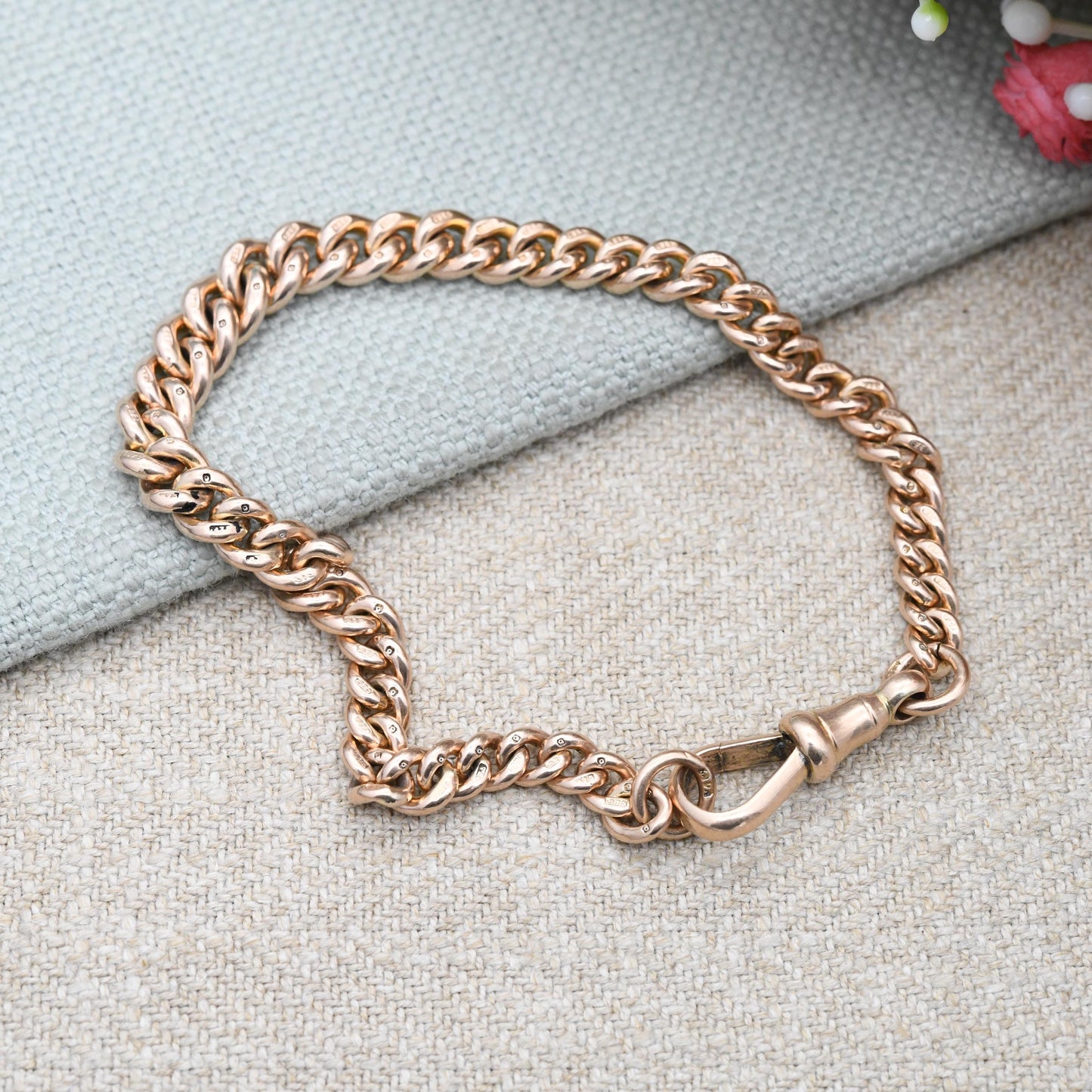 Antique 9ct Gold Bracelet Curb Link Chain with Dog Clip Clasp - Watch Chain Conversion Graduated Links | Hallmark Stamp to Every Link | 19cm