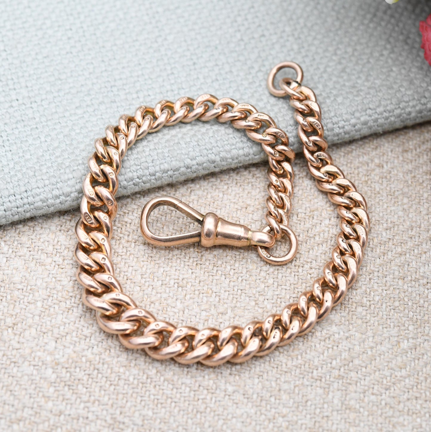 Antique 9ct Gold Bracelet Curb Link Chain with Dog Clip Clasp - Watch Chain Conversion Graduated Links | Hallmark Stamp to Every Link | 19cm