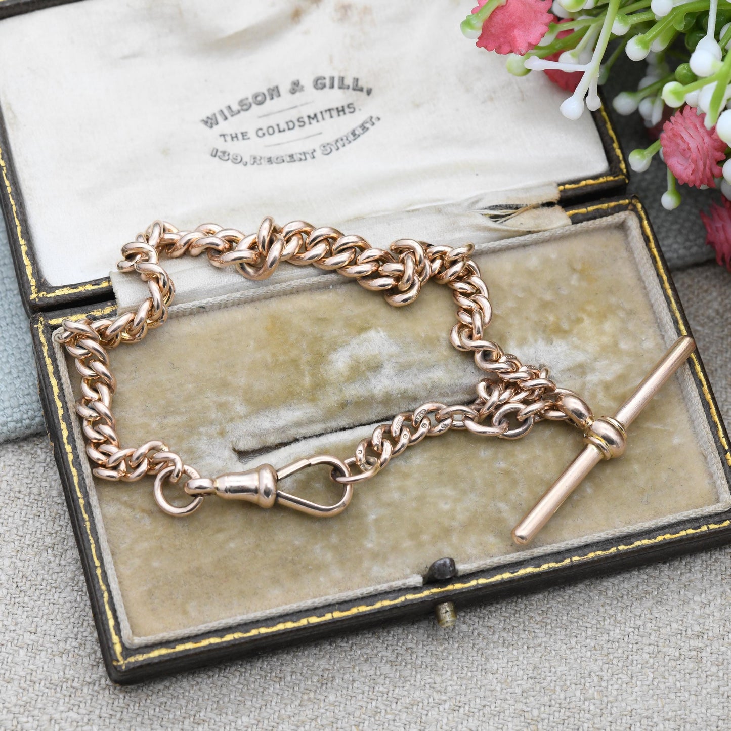 Antique 9ct Gold Bracelet Curb Link Chain with T-Bar Dog Clip - Watch Chain Conversion Graduated Links | Hallmark Stamp to Links | 17cm 19cm