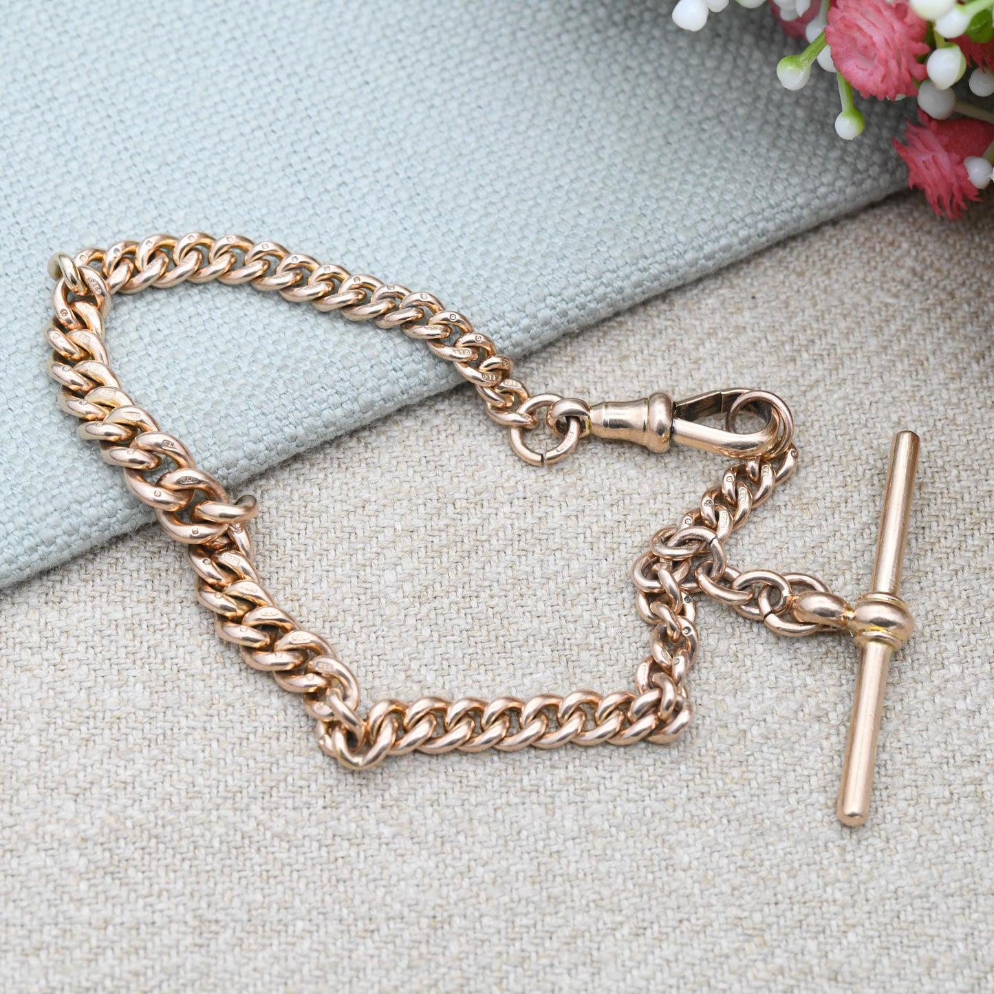 Antique 9ct Gold Bracelet Curb Link Chain with T-Bar Dog Clip - Watch Chain Conversion Graduated Links | Hallmark Stamp to Links | 17cm 19cm