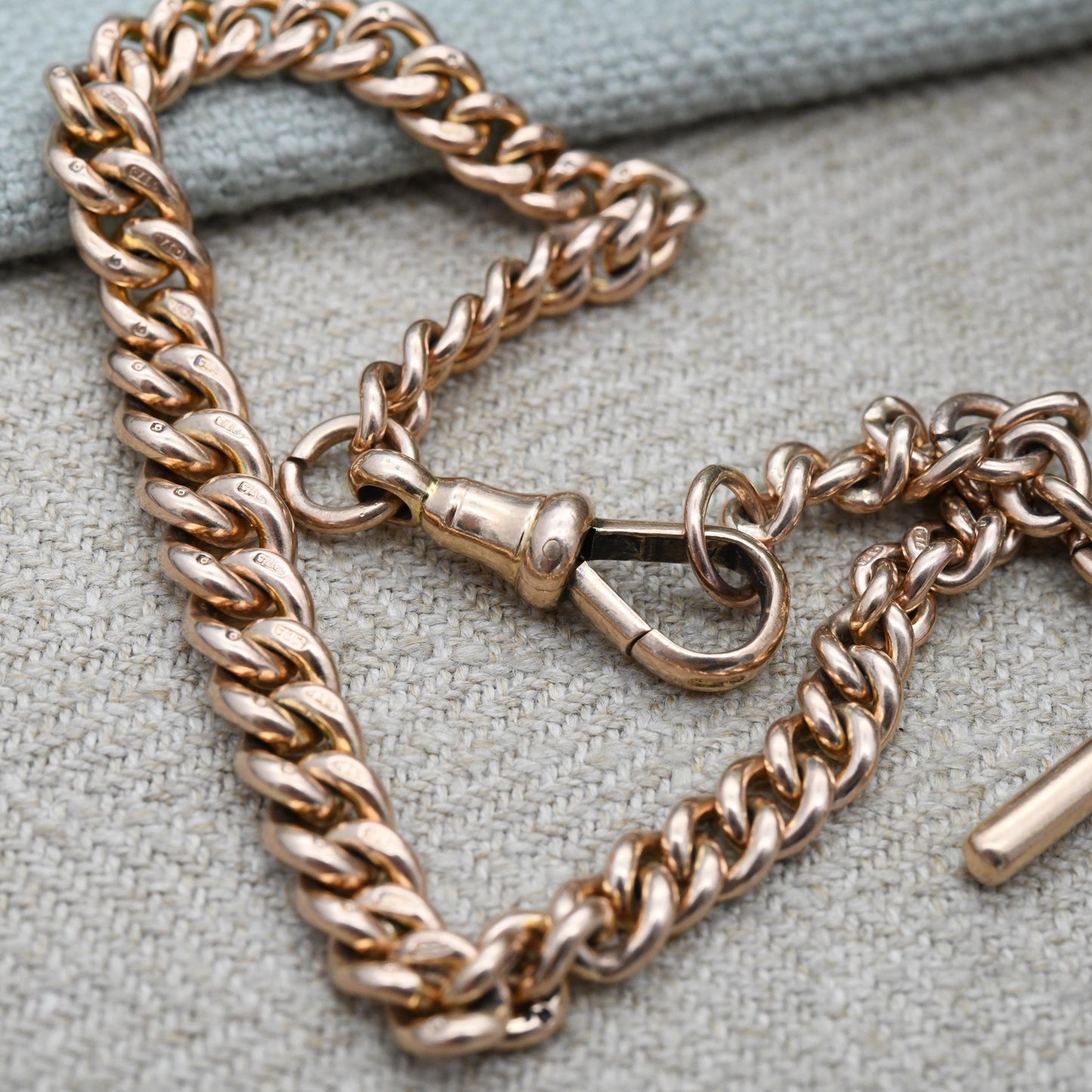 Antique 9ct Gold Bracelet Curb Link Chain with T-Bar Dog Clip - Watch Chain Conversion Graduated Links | Hallmark Stamp to Links | 17cm 19cm