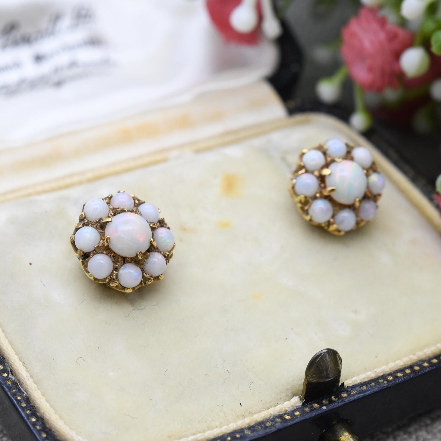 Antique 9ct Gold Opal Earrings Gemstone Cluster Screw Back c. 1910s - Early 20th Century Statement Jewellery | Colourful Flash |