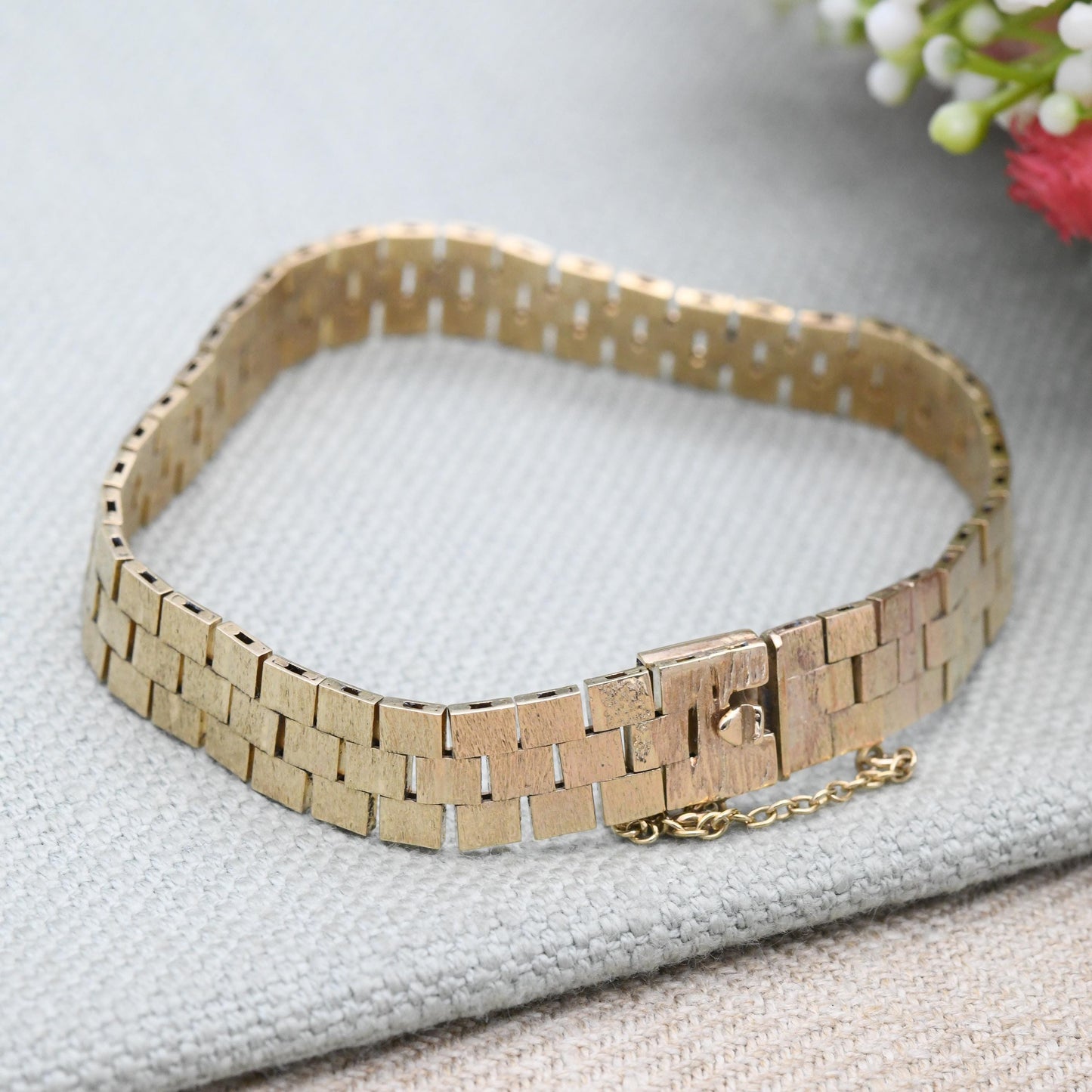 Vintage 9ct Gold Bracelet Brick Link c. 1980 - Flexible Liquid Link | Brushed Textured Yellow Gold | Unisex Solid Gold Jewellery Gift | 19cm