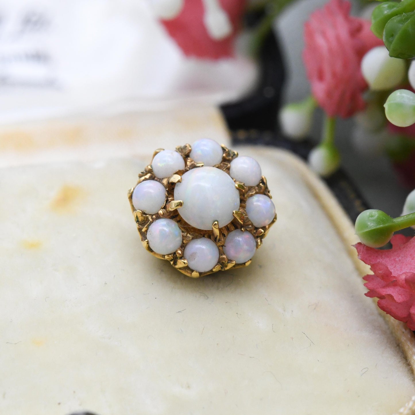 Antique 9ct Gold Opal Earrings Gemstone Cluster Screw Back c. 1910s - Early 20th Century Statement Jewellery | Colourful Flash |