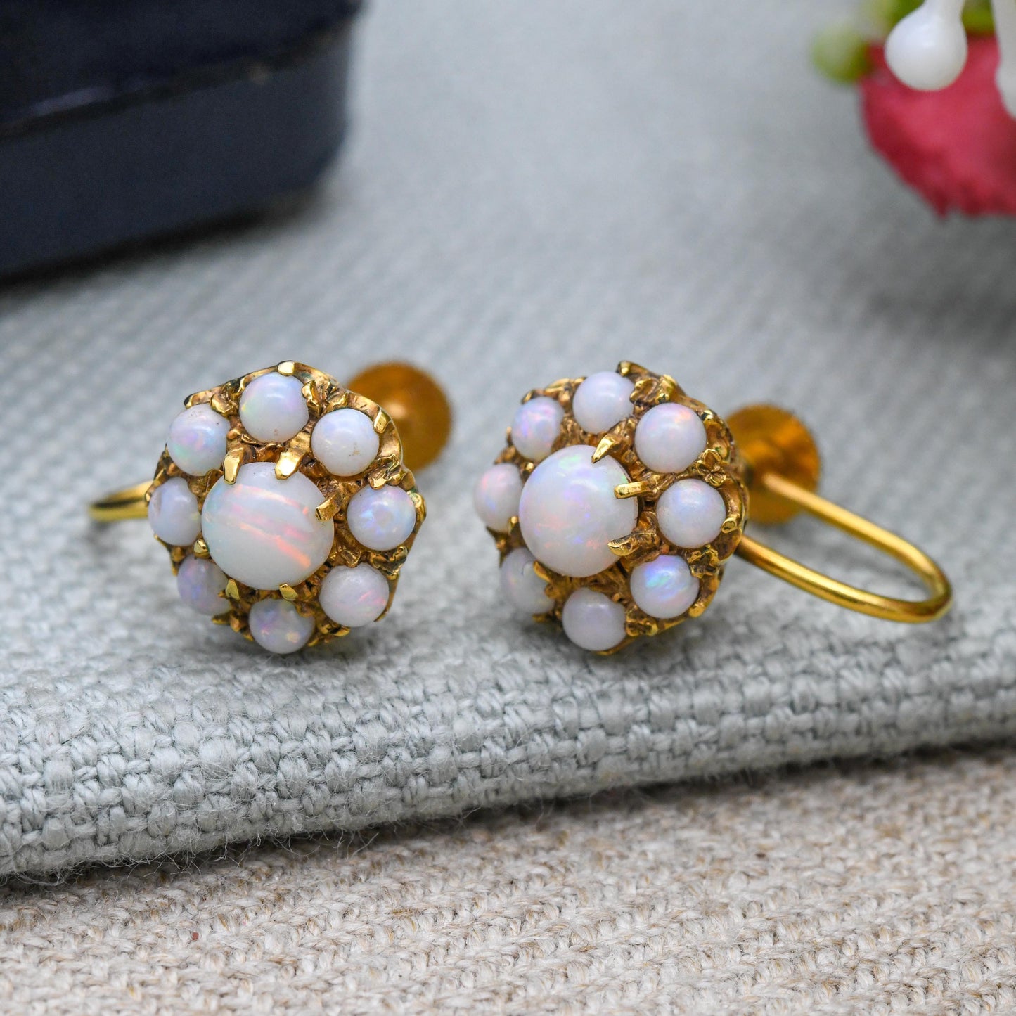 Antique 9ct Gold Opal Earrings Gemstone Cluster Screw Back c. 1910s - Early 20th Century Statement Jewellery | Colourful Flash |