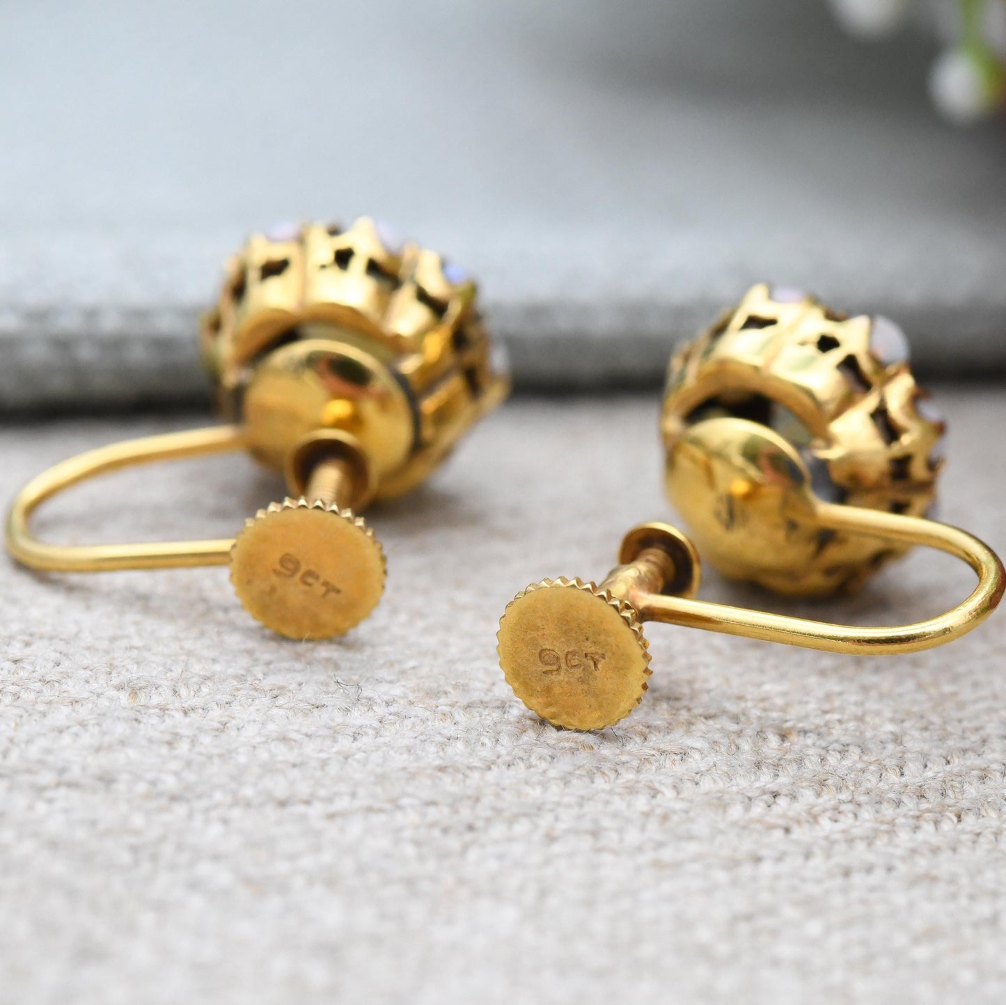 Antique 9ct Gold Opal Earrings Gemstone Cluster Screw Back c. 1910s - Early 20th Century Statement Jewellery | Colourful Flash |