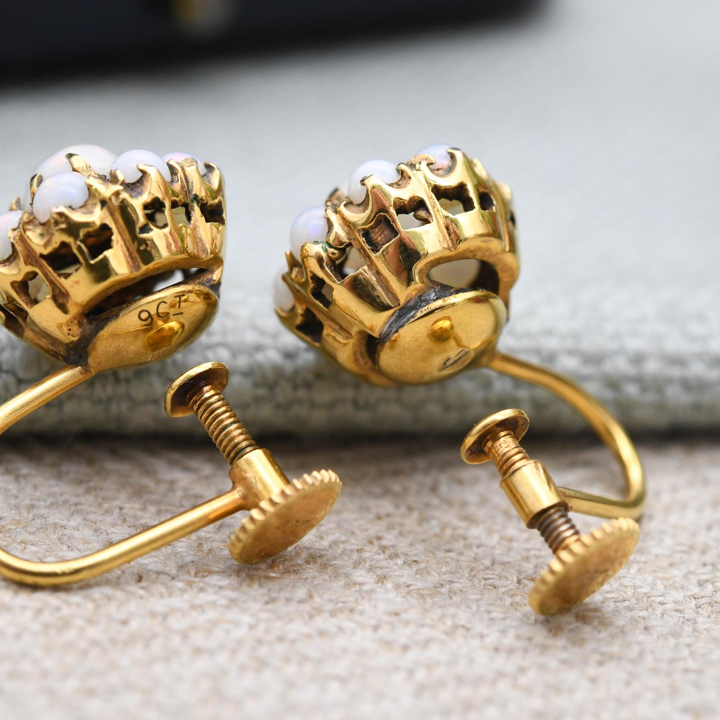Antique 9ct Gold Opal Earrings Gemstone Cluster Screw Back c. 1910s - Early 20th Century Statement Jewellery | Colourful Flash |