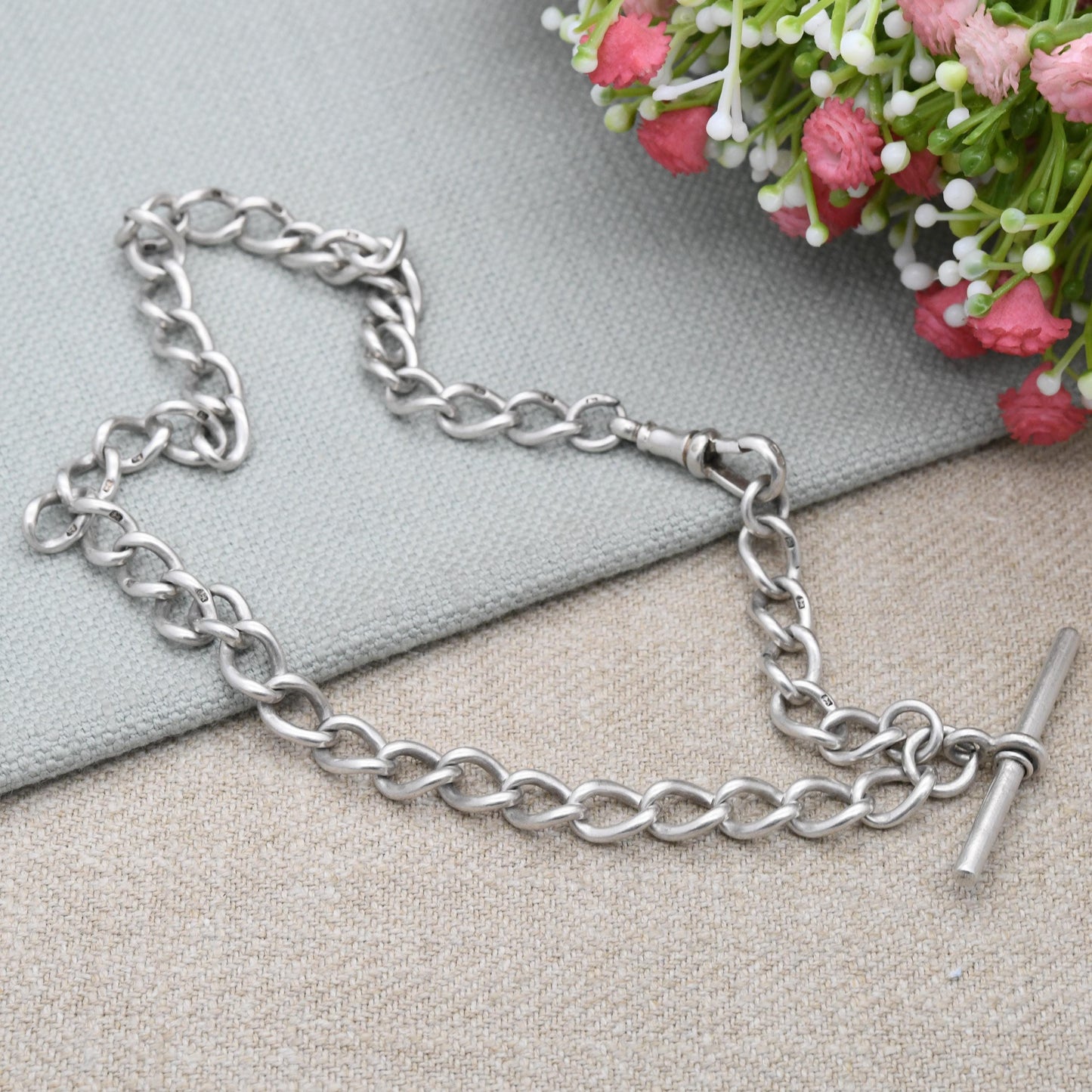 Antique Sterling Silver Albert Chain Choker Necklace 1902 with Dog Clip and T-Bar - Edwardian Chunky Solid Each Link Stamped | 39cm Extender
