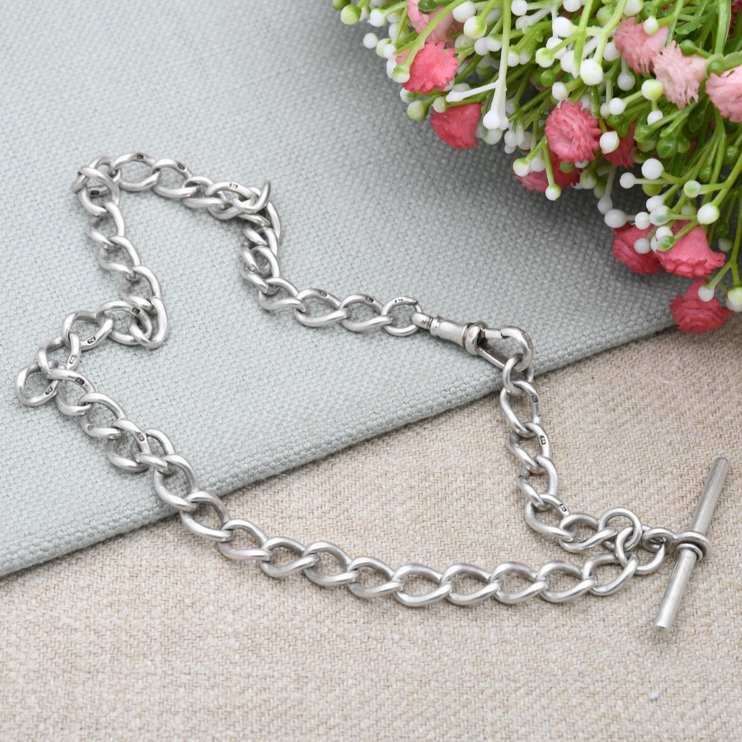 Antique Sterling Silver Albert Chain Choker Necklace 1902 with Dog Clip and T-Bar - Edwardian Chunky Solid Each Link Stamped | 39cm Extender