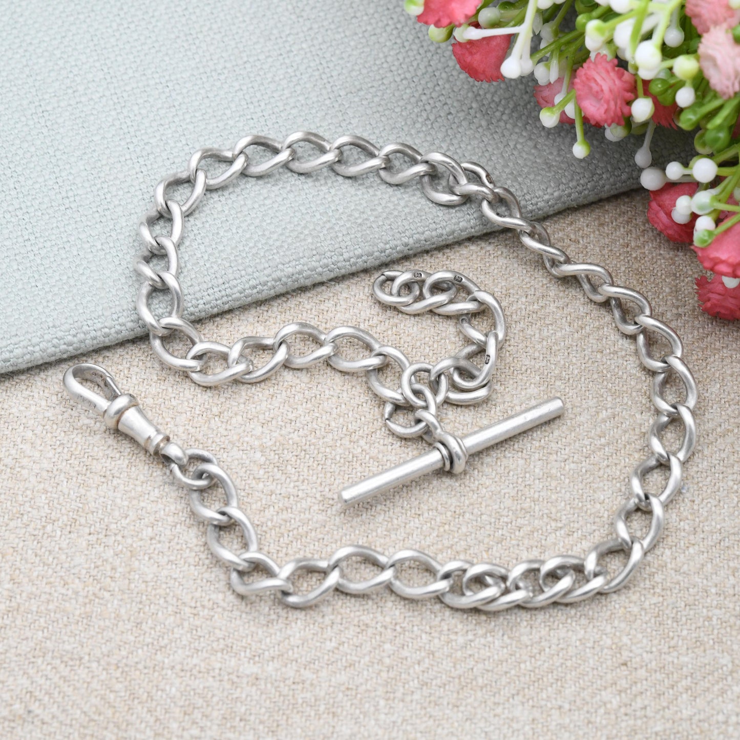Antique Sterling Silver Albert Chain Choker Necklace 1902 with Dog Clip and T-Bar - Edwardian Chunky Solid Each Link Stamped | 39cm Extender