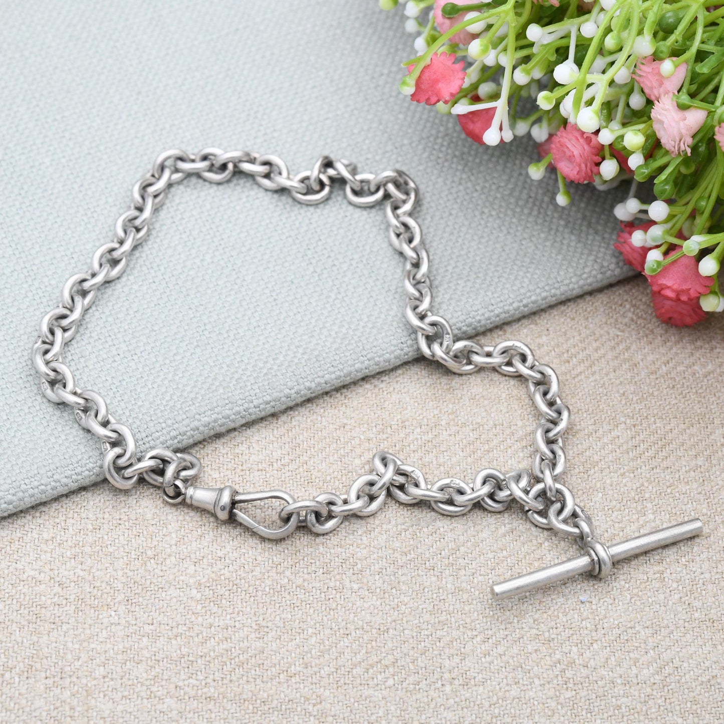 Antique Sterling Silver Albert Chain Cable Link 1891 with Dog Clip and T-Bar CS FS - Victorian Solid Single Albert Each Link Stamped | 35cm