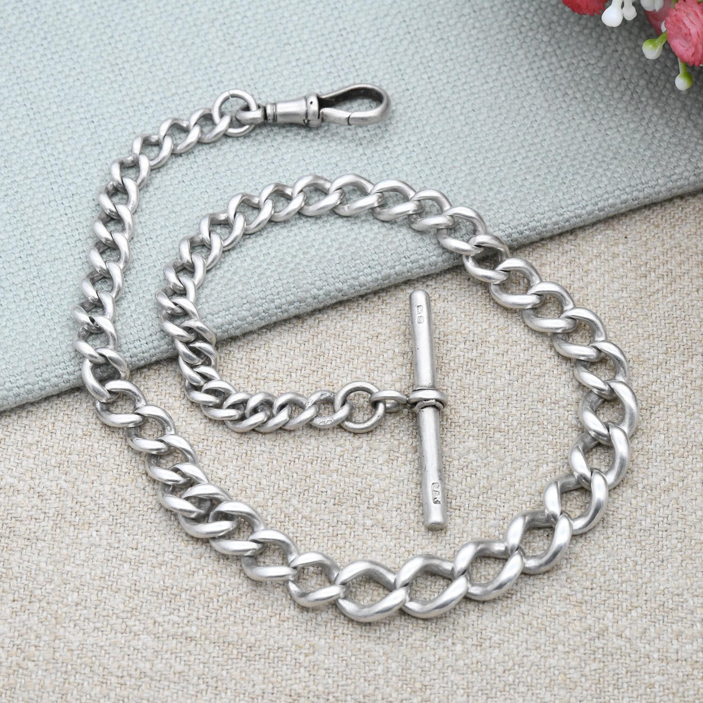 Antique Sterling Silver Necklace Curb Link Chain Victorian 1886 Dog Clip and T-Bar - Chunky Solid Choker Length Watch Chain | 37cm 14.5"