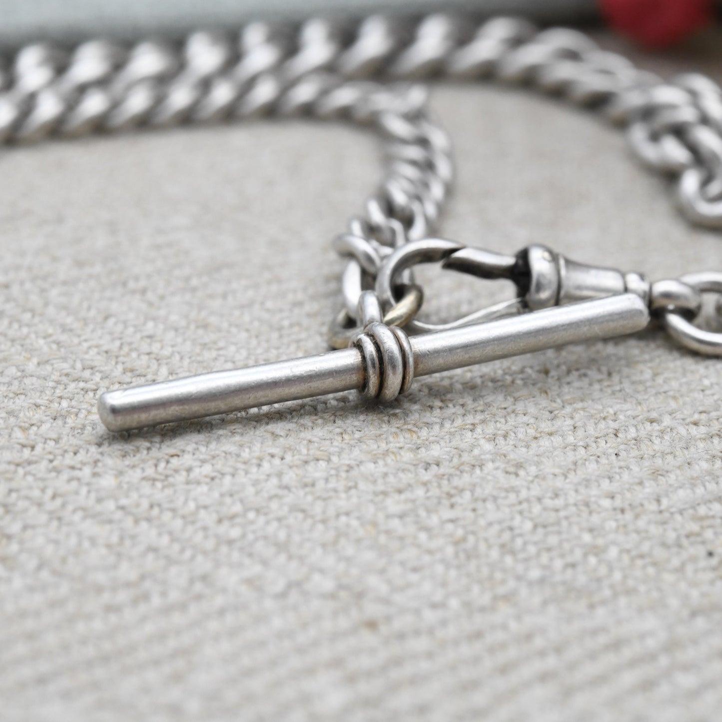 Antique Sterling Silver Albert Chain 1903 Curb Link with Dog Clip and T-Bar - Edwardian Graduated Solid Chain | Each Link Stamped | 32.5cm