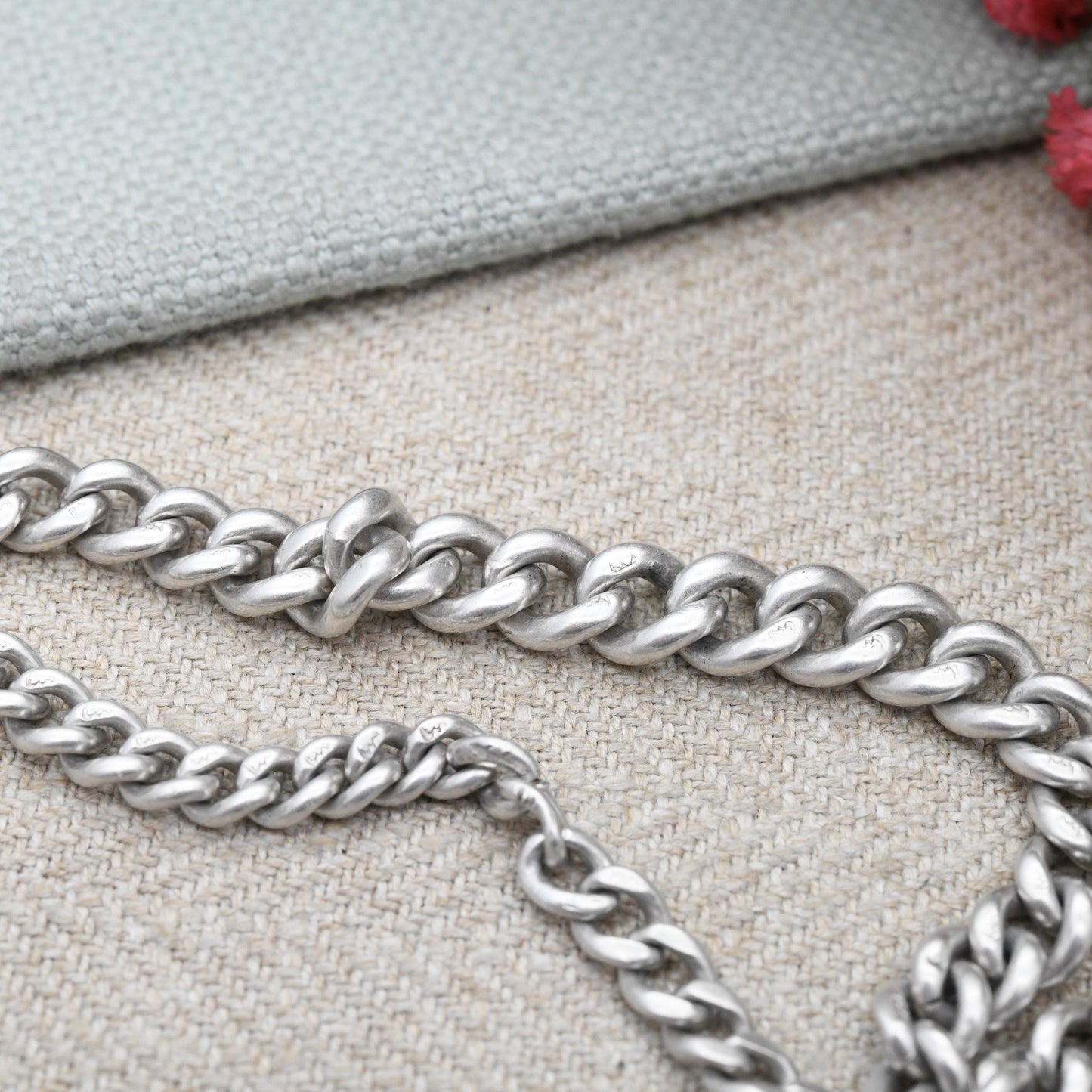 Antique Sterling Silver Albert Chain 1903 Curb Link with Dog Clip and T-Bar - Edwardian Graduated Solid Chain | Each Link Stamped | 32.5cm