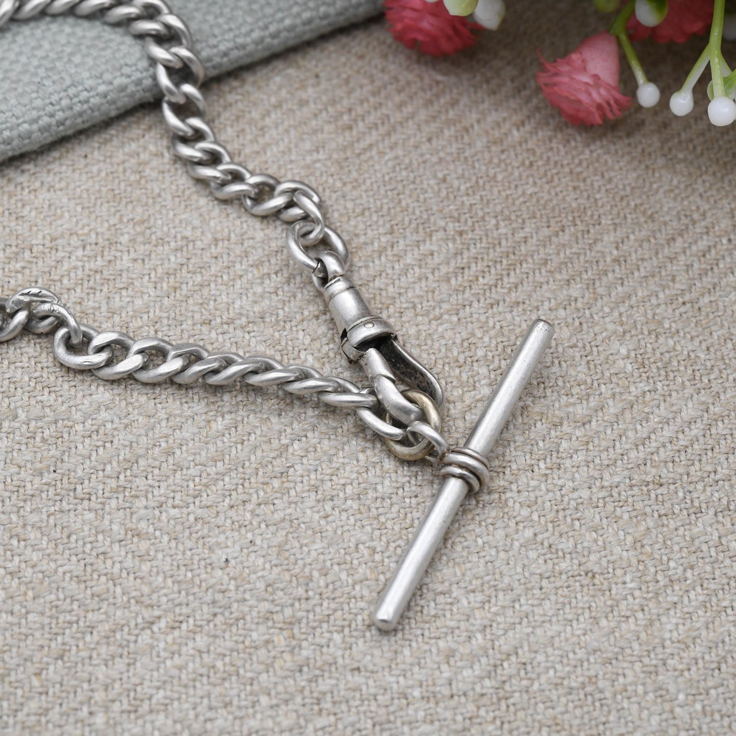 Antique Sterling Silver Albert Chain 1903 Curb Link with Dog Clip and T-Bar - Edwardian Graduated Solid Chain | Each Link Stamped | 32.5cm