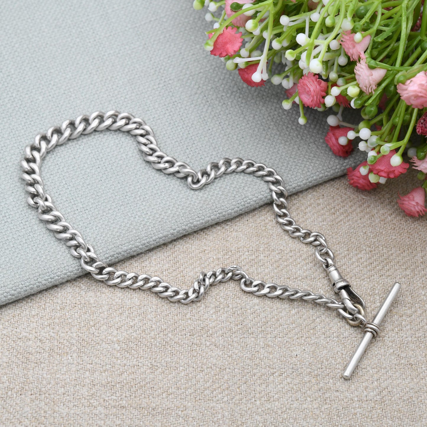 Antique Sterling Silver Albert Chain 1903 Curb Link with Dog Clip and T-Bar - Edwardian Graduated Solid Chain | Each Link Stamped | 32.5cm
