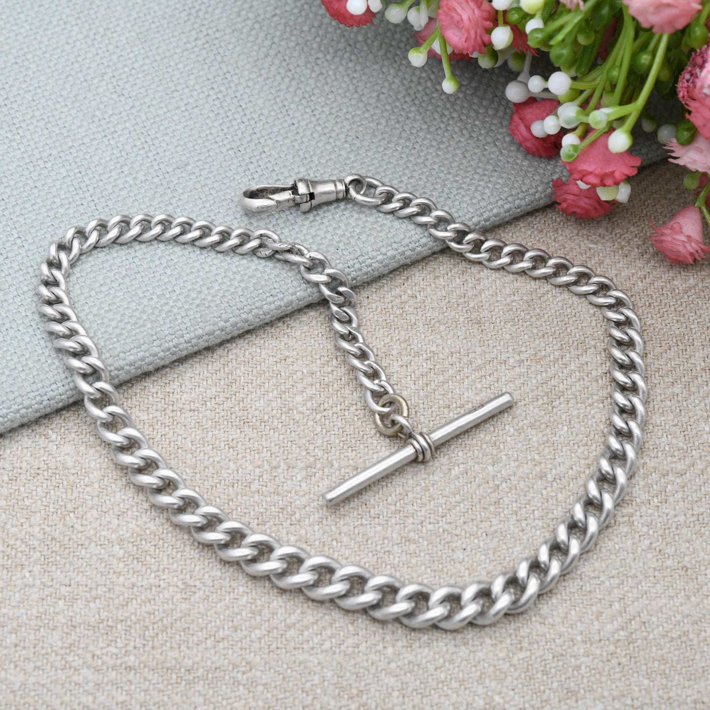 Antique Sterling Silver Albert Chain 1903 Curb Link with Dog Clip and T-Bar - Edwardian Graduated Solid Chain | Each Link Stamped | 32.5cm