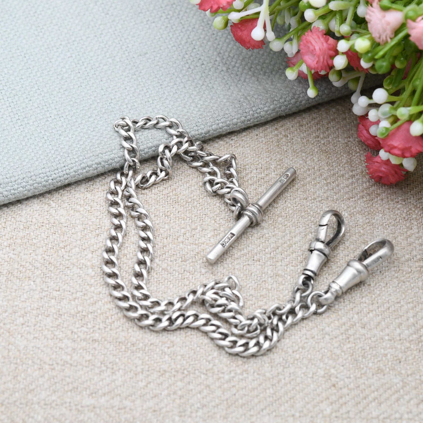 Antique Sterling Silver Double Albert Watch Chain Necklace 1919 T-Bar Pendant Dog Clips - Hallmarks Lion Stamped to Every Link | 41.5cm 16"
