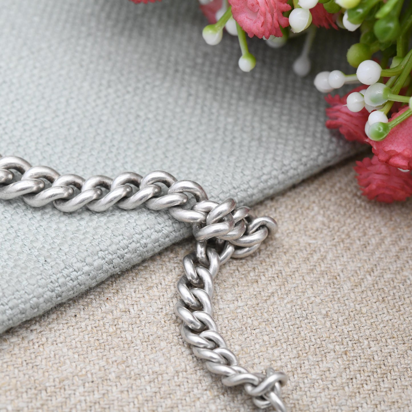 Antique Sterling Silver Albert Chain 1911 Edwardian Watch Chain with Dog Clip and T-Bar - Graduated Curb Link Each Link Stamped | 32cm 12.5"