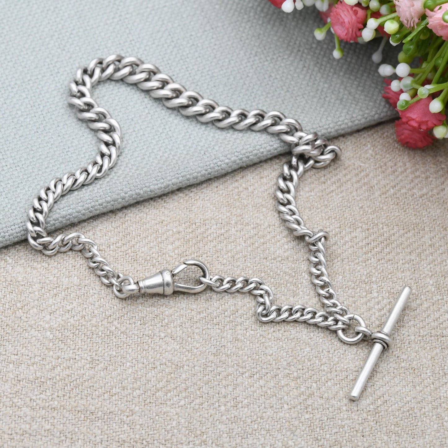 Antique Sterling Silver Albert Chain 1911 Edwardian Watch Chain with Dog Clip and T-Bar - Graduated Curb Link Each Link Stamped | 32cm 12.5"