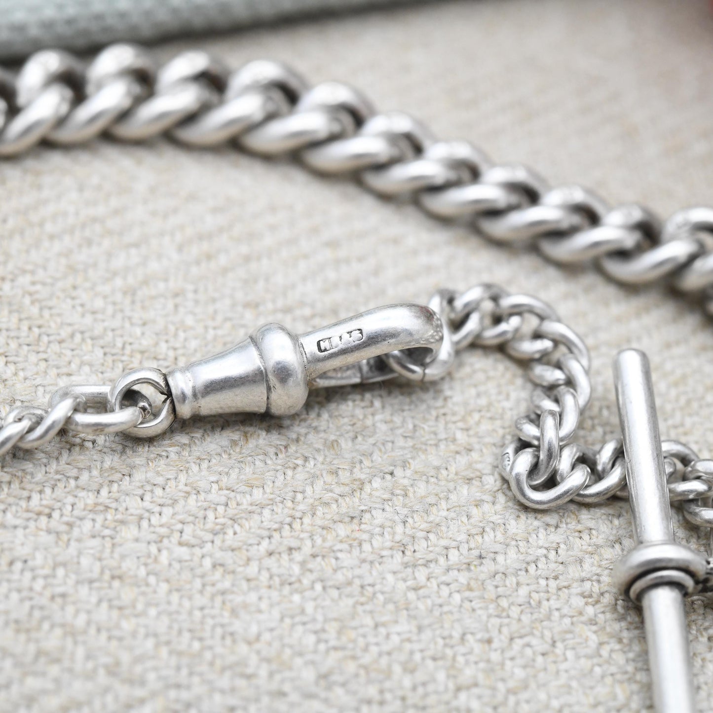 Antique Sterling Silver Albert Chain 1911 Edwardian Watch Chain with Dog Clip and T-Bar - Graduated Curb Link Each Link Stamped | 32cm 12.5"