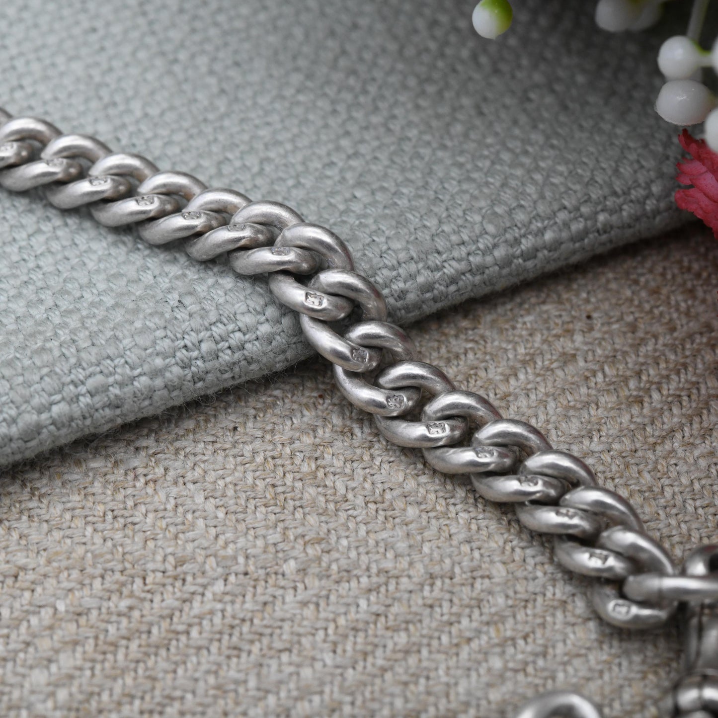 Antique Sterling Silver Chain 1911 Edwardian Watch Chain with Dog Clip and T-Bar - Solid Choker Necklace 34cm 13.5" | Every Link Hallmarked