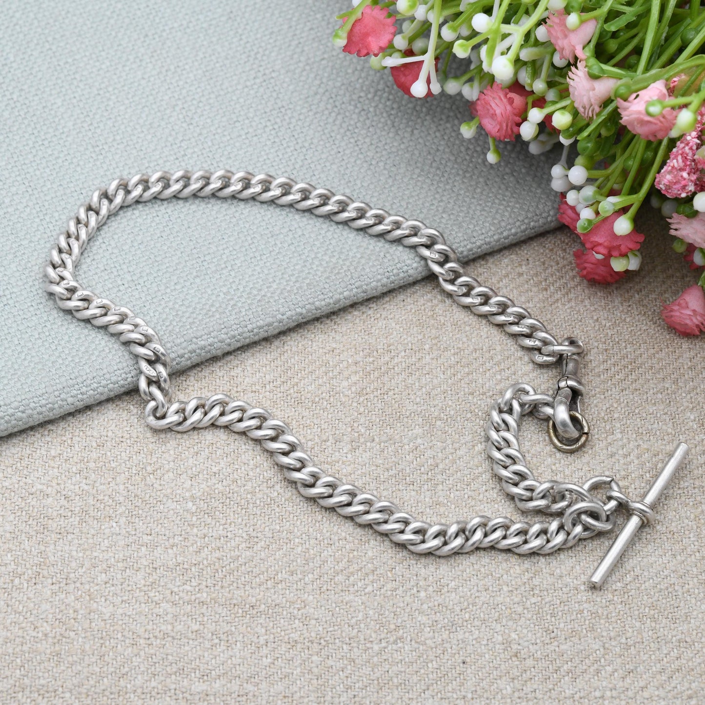 Antique Sterling Silver Chain 1911 Edwardian Watch Chain with Dog Clip and T-Bar - Solid Choker Necklace 34cm 13.5" | Every Link Hallmarked