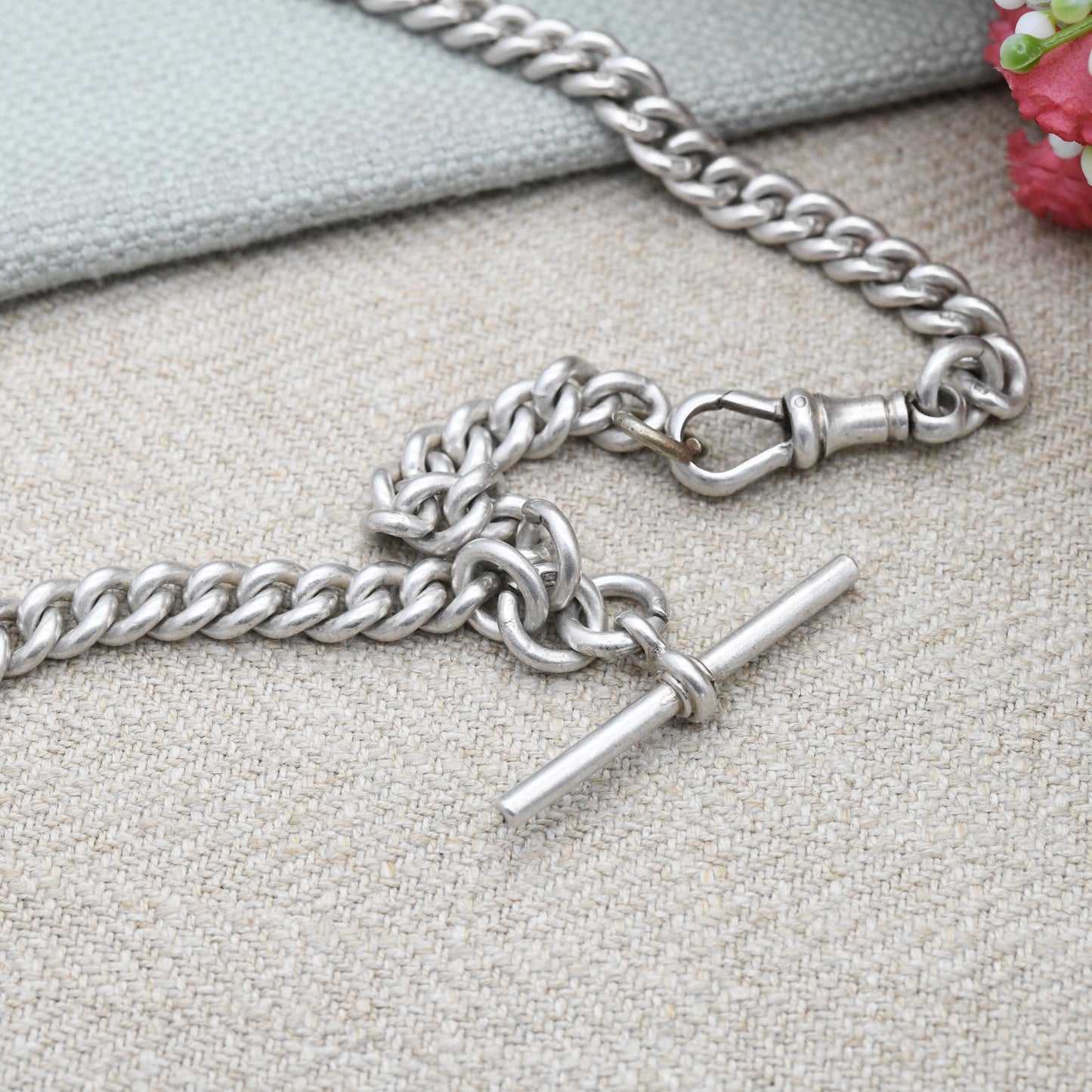 Antique Sterling Silver Chain 1911 Edwardian Watch Chain with Dog Clip and T-Bar - Solid Choker Necklace 34cm 13.5" | Every Link Hallmarked