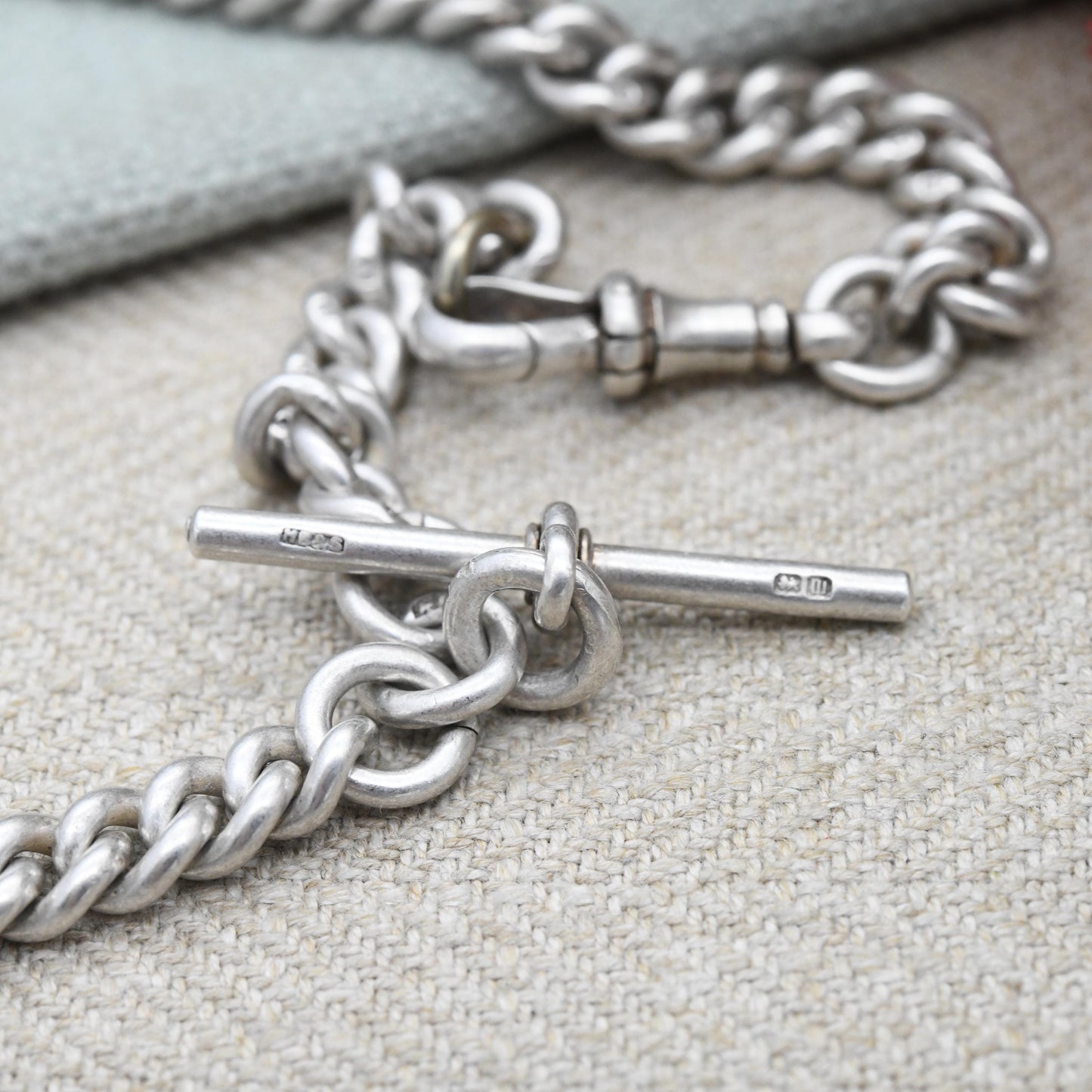 Antique Sterling Silver Chain 1911 Edwardian Watch Chain with Dog Clip and T-Bar - Solid Choker Necklace 34cm 13.5" | Every Link Hallmarked