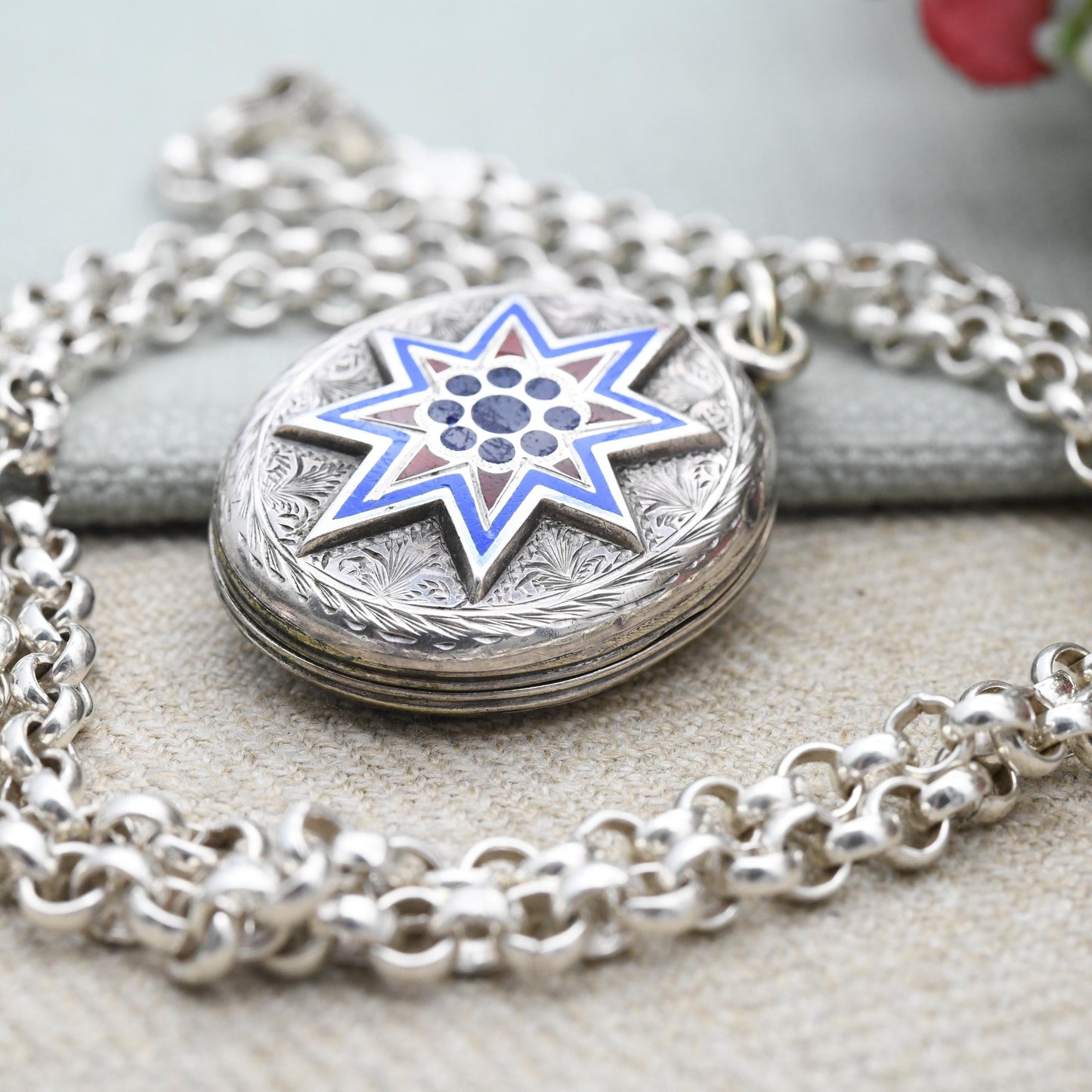 Antique Victorian Sterling Silver Locket Enamel Star Design - Engraved Quatrefoil Ornate Aesthetic Movement Oval Pendant on Chunky Chain