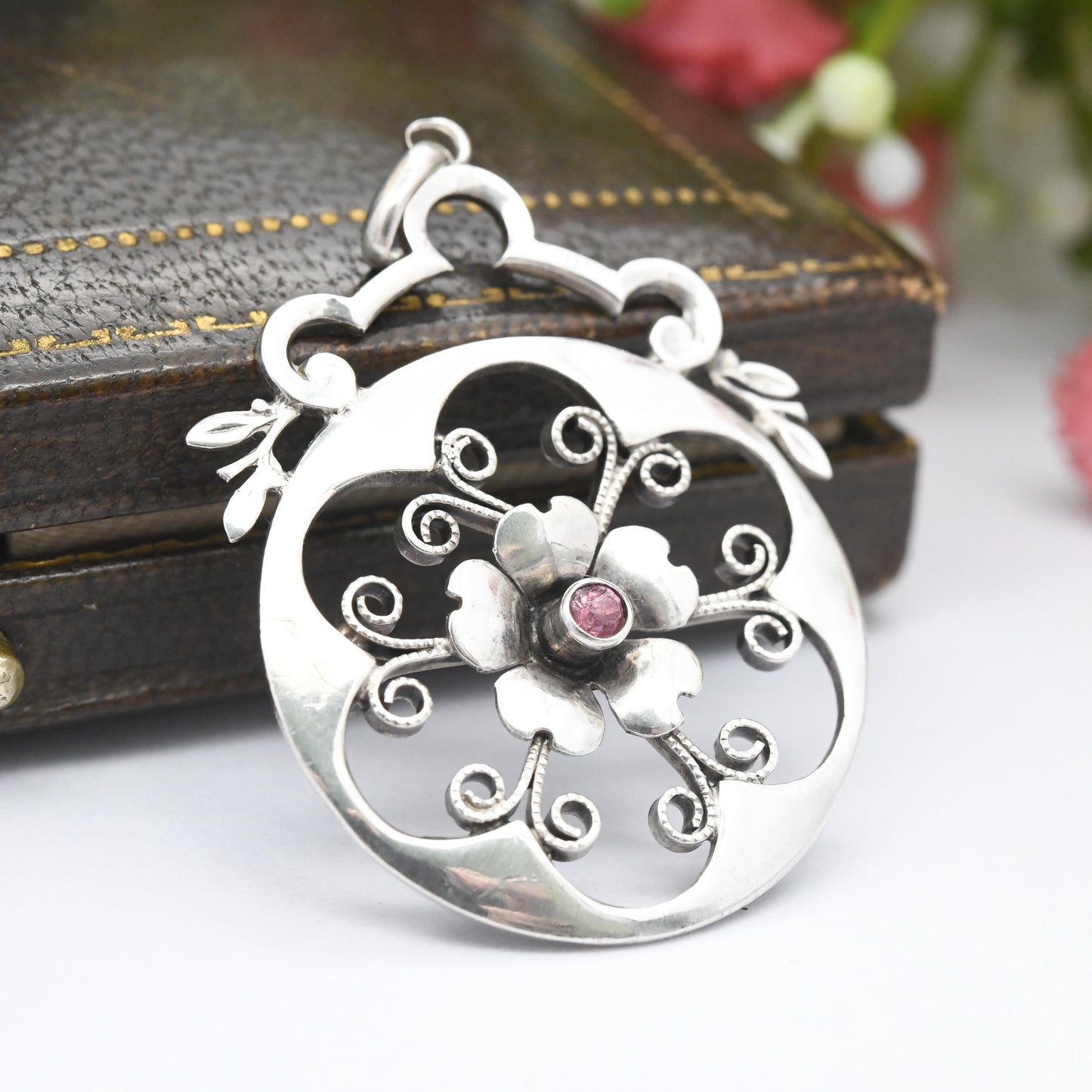Antique Art Nouveau Silver Flower Pendant European 935 Silver - Open Wirework Design | Pink Stone Centre | Edwardian Era c 1910s
