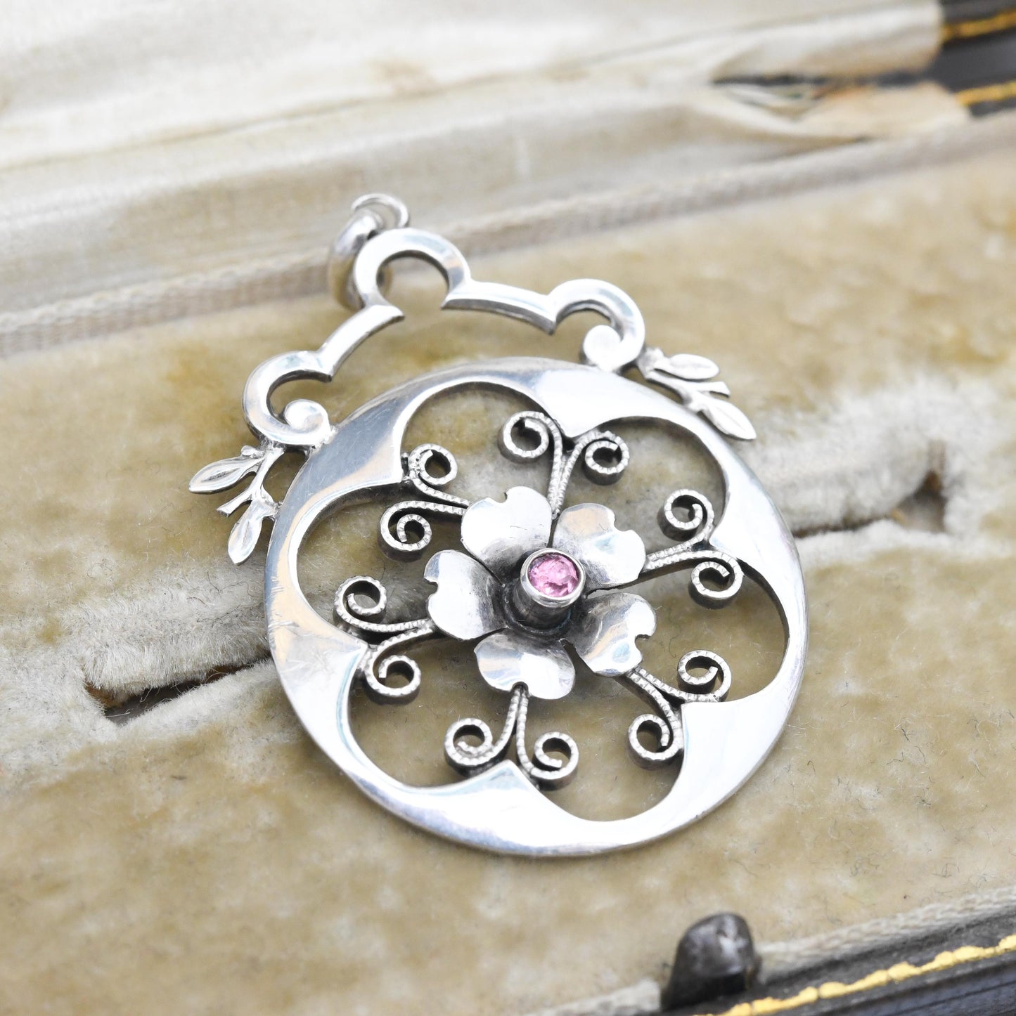 Antique Art Nouveau Silver Flower Pendant European 935 Silver - Open Wirework Design | Pink Stone Centre | Edwardian Era c 1910s
