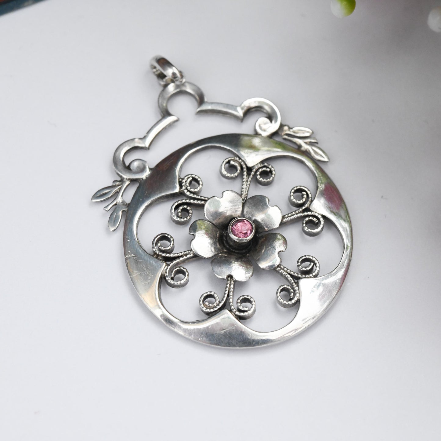 Antique Art Nouveau Silver Flower Pendant European 935 Silver - Open Wirework Design | Pink Stone Centre | Edwardian Era c 1910s