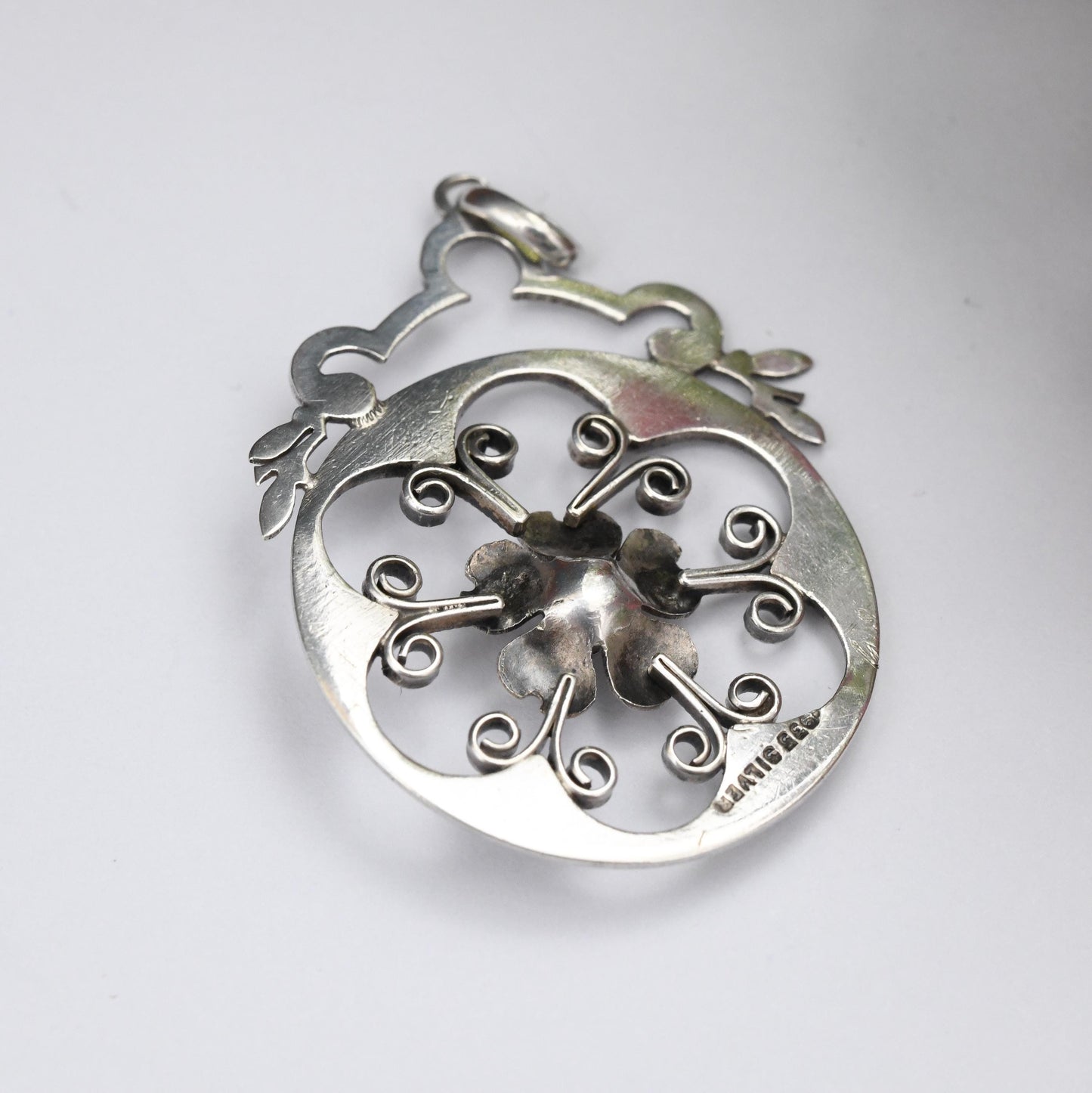 Antique Art Nouveau Silver Flower Pendant European 935 Silver - Open Wirework Design | Pink Stone Centre | Edwardian Era c 1910s