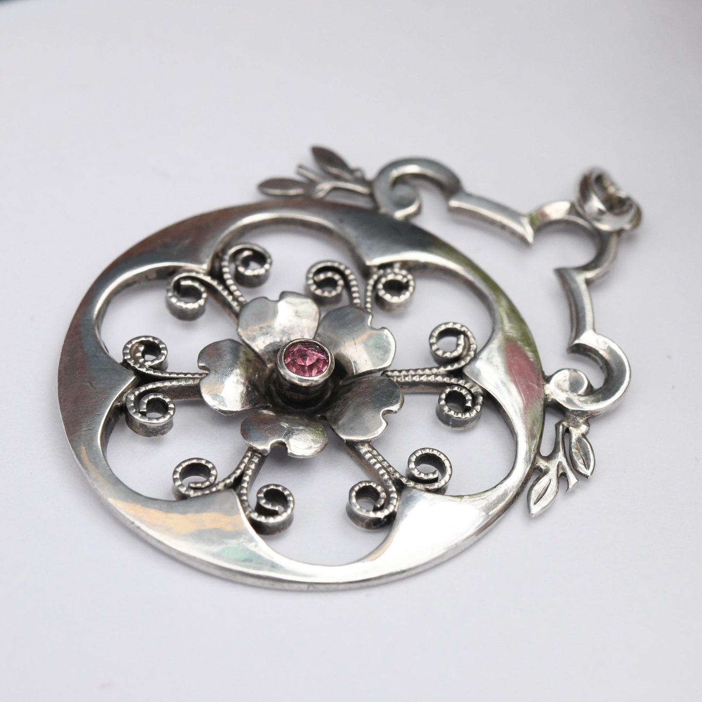 Antique Art Nouveau Silver Flower Pendant European 935 Silver - Open Wirework Design | Pink Stone Centre | Edwardian Era c 1910s