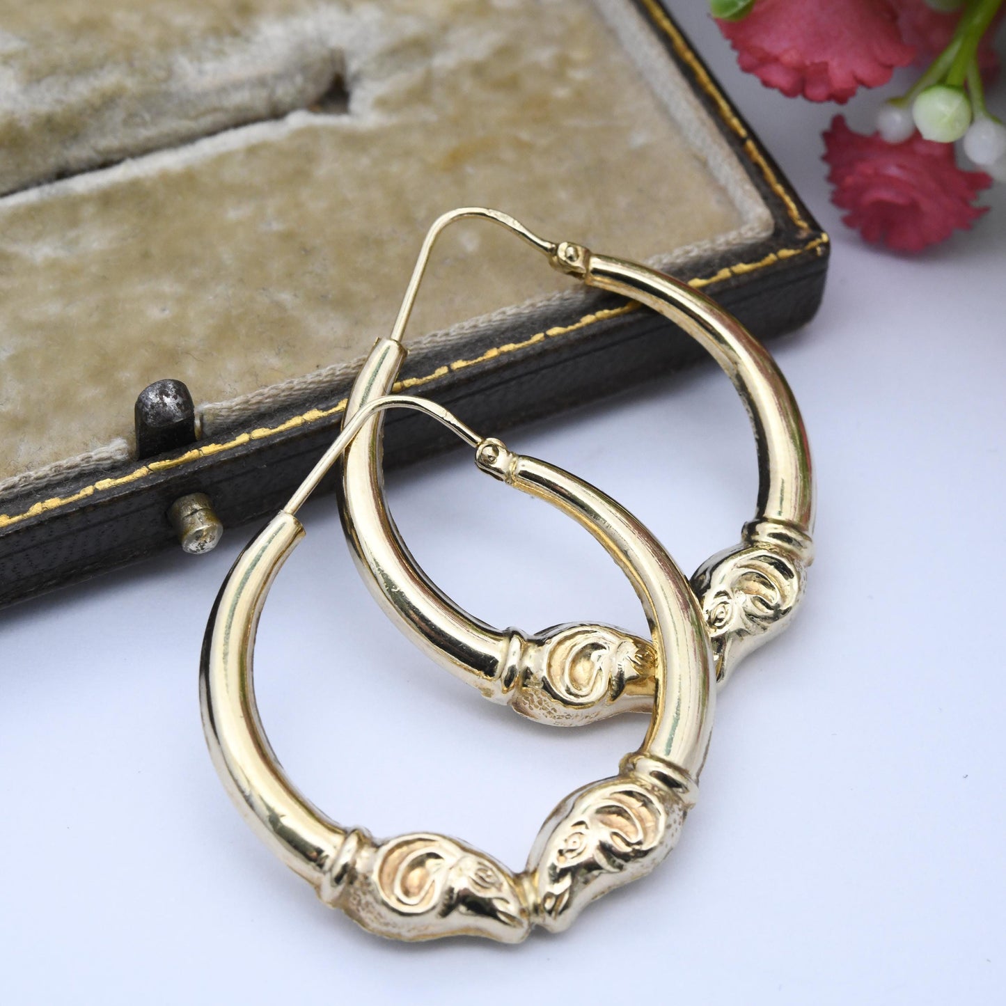 Vintage 9ct Gold Double Ram Head Hoop Earrings 29mm Diameter - Yellow Gold Hollow Round Hoops | Everyday Earrings | Big Animal Jewellery