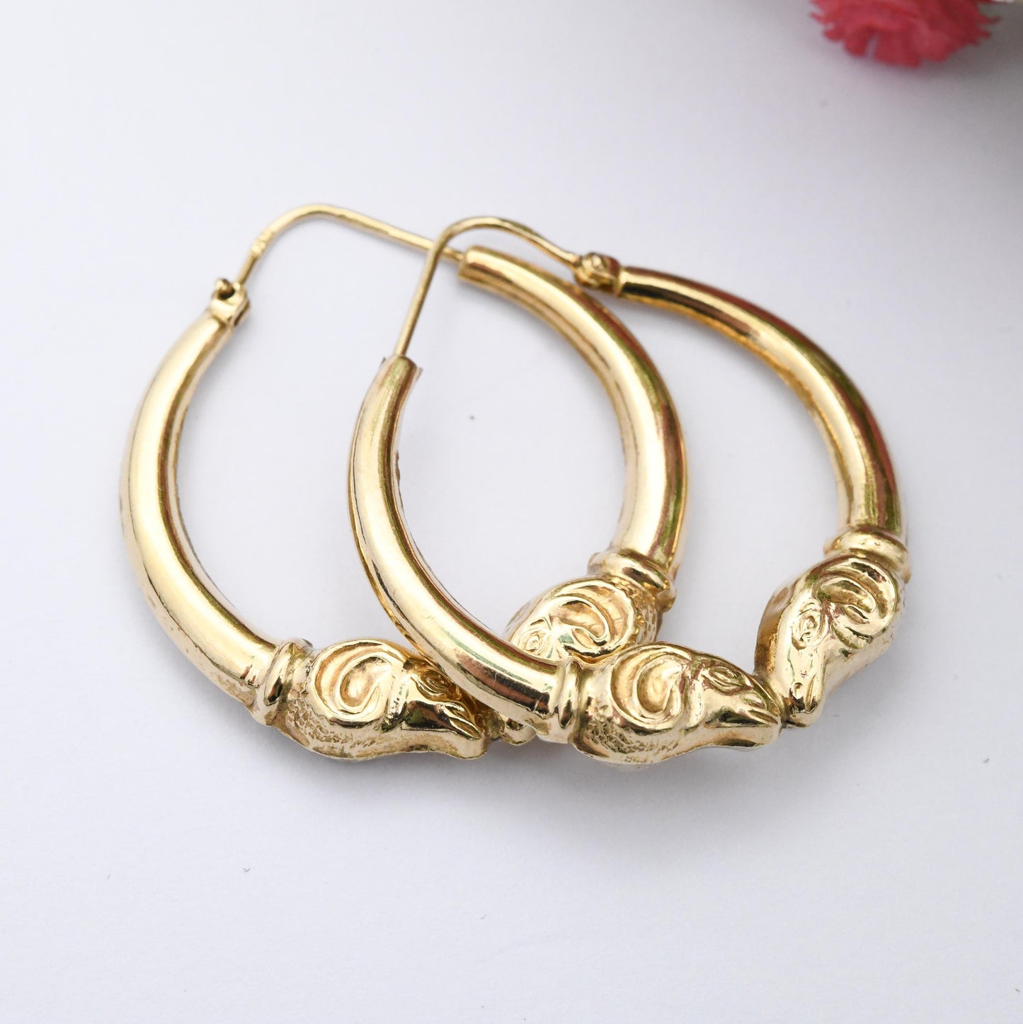 Vintage 9ct Gold Double Ram Head Hoop Earrings 29mm Diameter - Yellow Gold Hollow Round Hoops | Everyday Earrings | Big Animal Jewellery