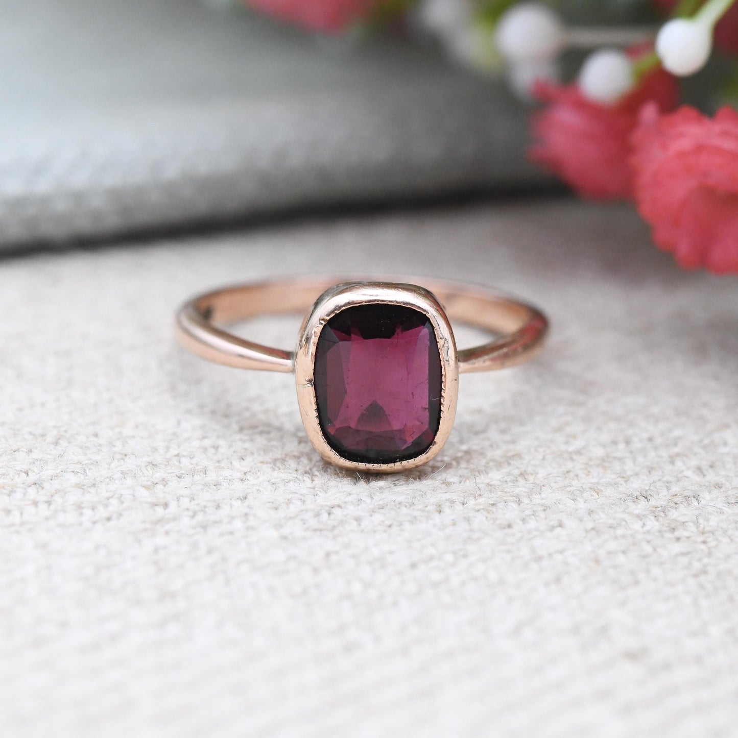 Antique 9ct Gold Garnet Ring Rub Over Bezel - Edwardian Rose Gold Large Red Faceted Stone Solitaire | Pretty Gift | UK Size P US Size 7 1/2