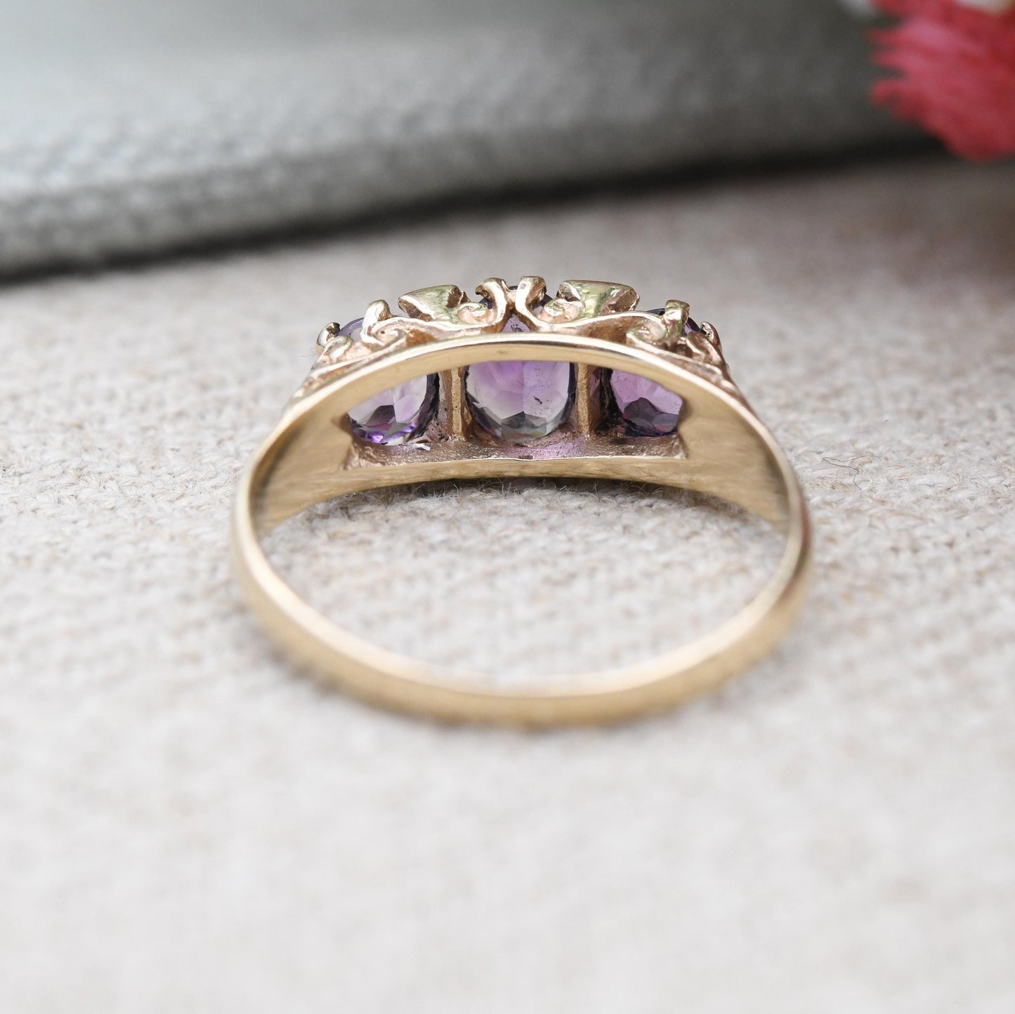 Vintage 9ct Gold Amethyst Three Stone Ring 1985 - Pretty Mid-Century Antique Revival Purple Gemstone Trilogy | UK Size - N 1/2 | US Size - 7