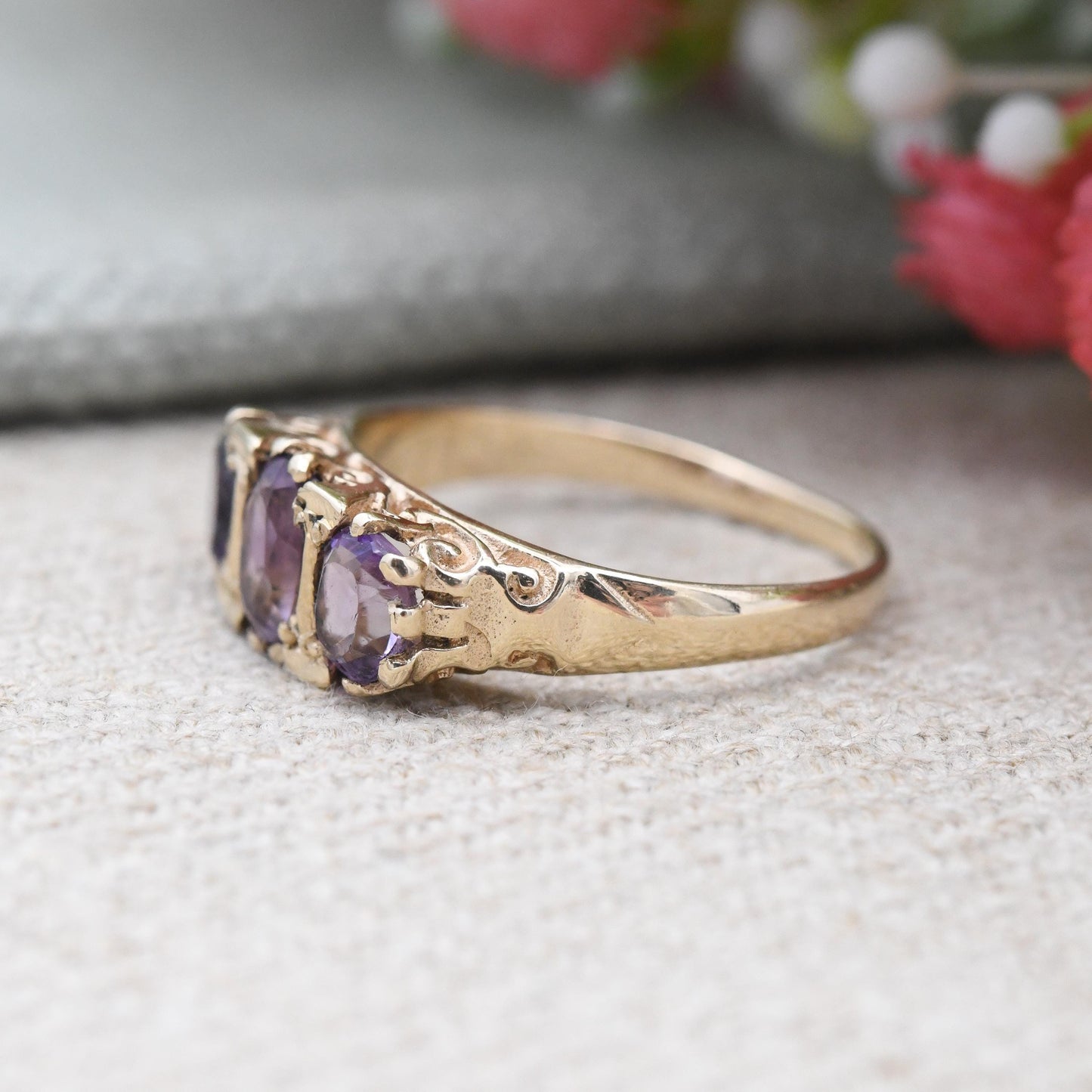 Vintage 9ct Gold Amethyst Three Stone Ring 1985 - Pretty Mid-Century Antique Revival Purple Gemstone Trilogy | UK Size - N 1/2 | US Size - 7