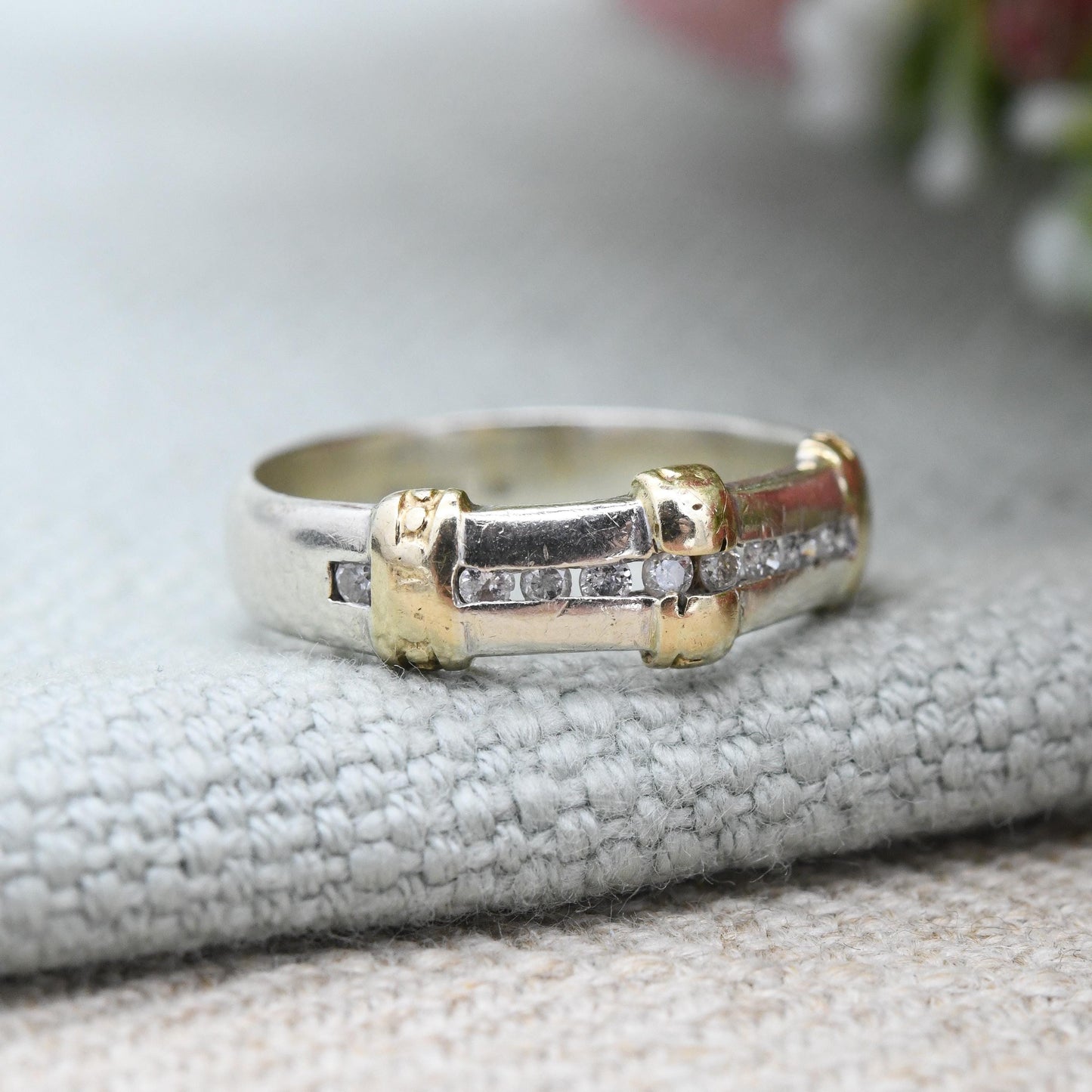 Vintage 9ct Gold Diamond Channel Band Ring White Gold and Yellow Gold - Flush Half Eternity Stacking Ring | UK Size - K 1/2 US Size - 5 1/2