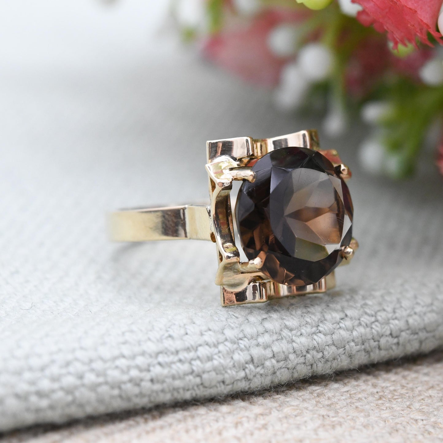 Vintage 9ct Gold Smoky Quartz Statement Ring 1979 - Mid-Century Large Round Brown Gemstone Cocktail Ring | UK Size - P 1/2 | US Size - 8