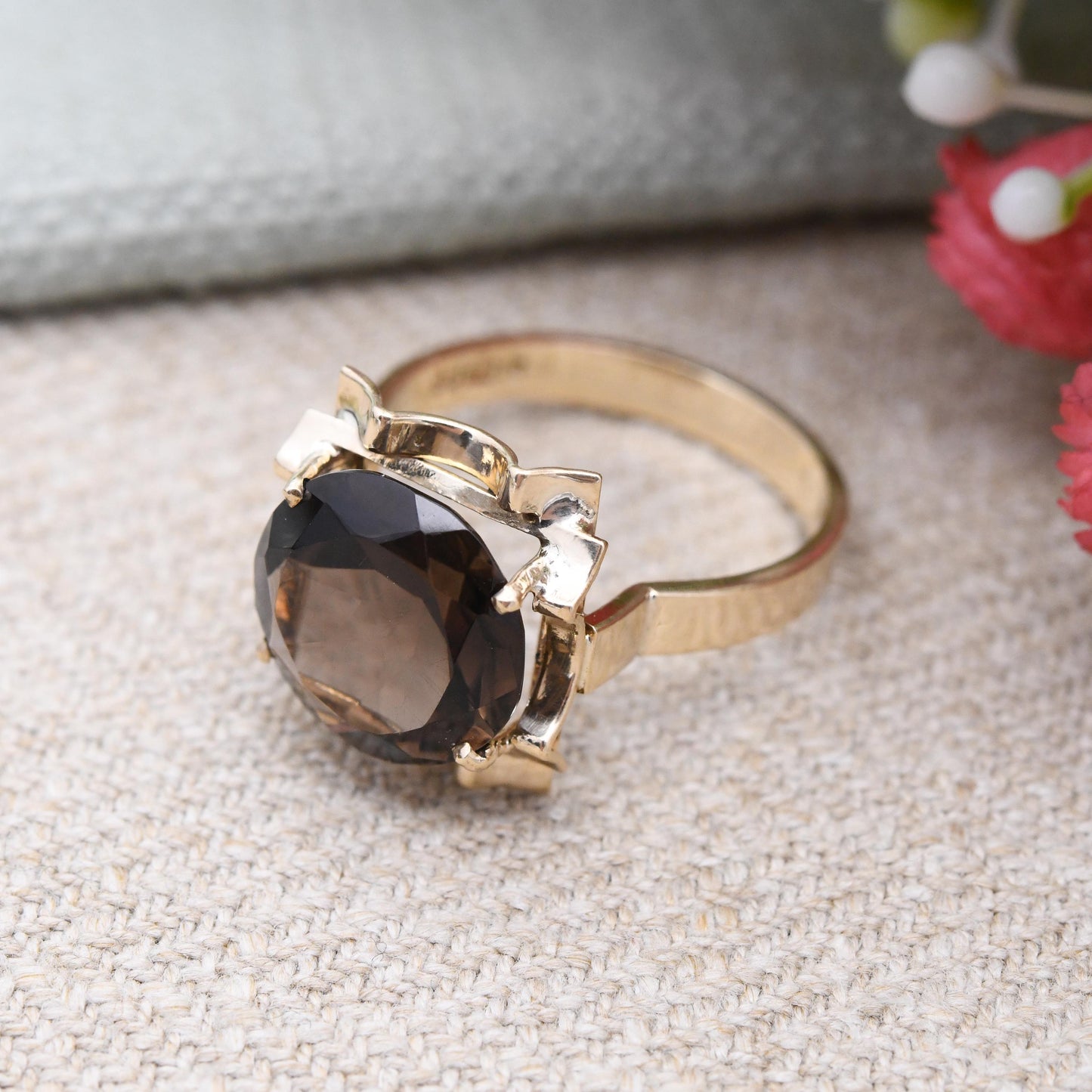 Vintage 9ct Gold Smoky Quartz Statement Ring 1979 - Mid-Century Large Round Brown Gemstone Cocktail Ring | UK Size - P 1/2 | US Size - 8