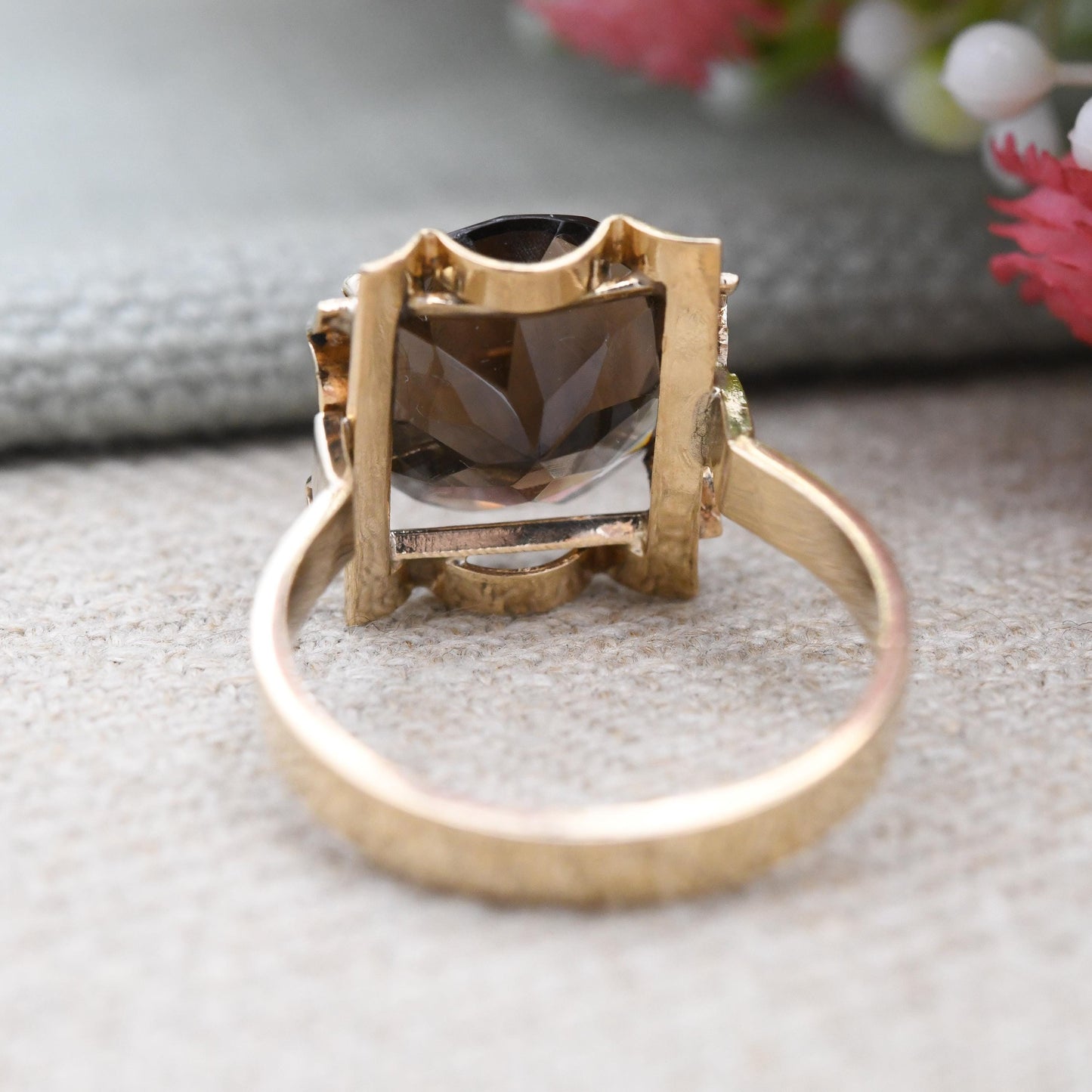 Vintage 9ct Gold Smoky Quartz Statement Ring 1979 - Mid-Century Large Round Brown Gemstone Cocktail Ring | UK Size - P 1/2 | US Size - 8