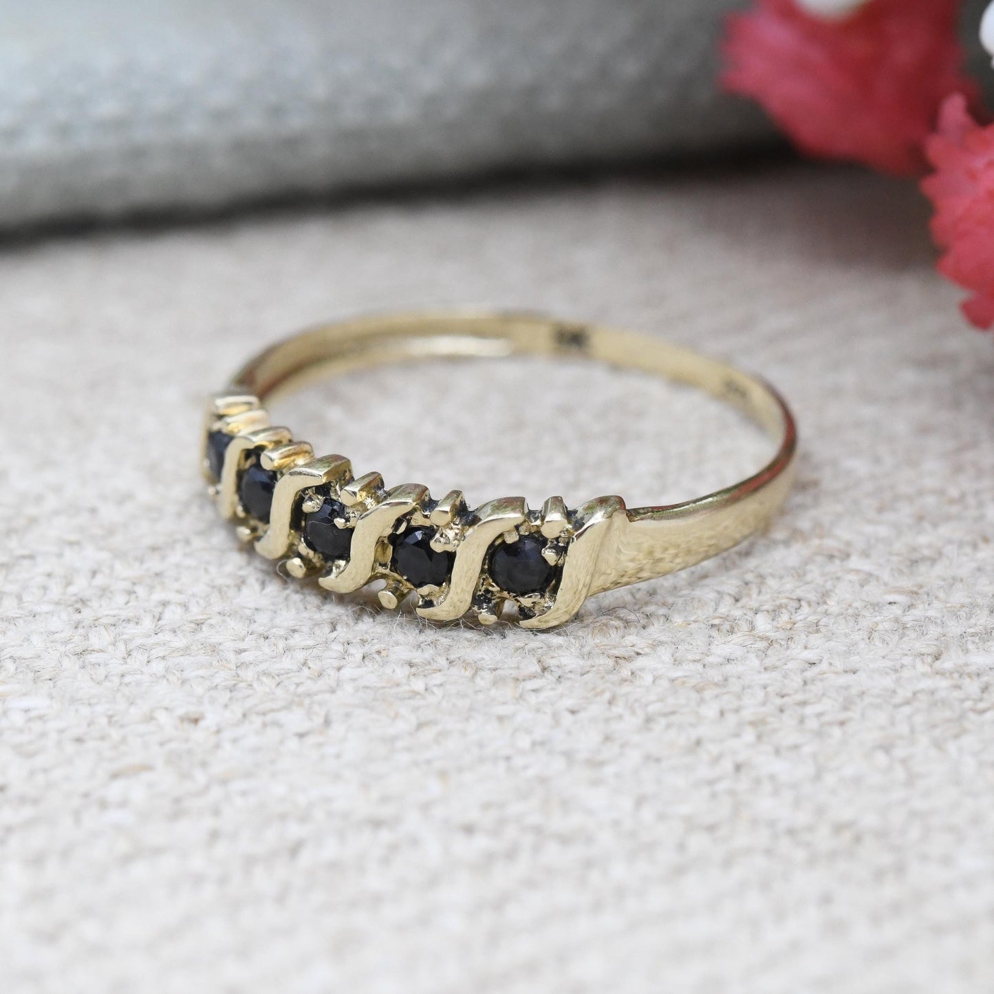 Vintage 9ct Gold Sapphire Half Eternity Ring S Bar Set - Faceted Blue Gemstone Stacker Band Pretty Gift | UK Size - O 1/2 | US Size - 7 1/2