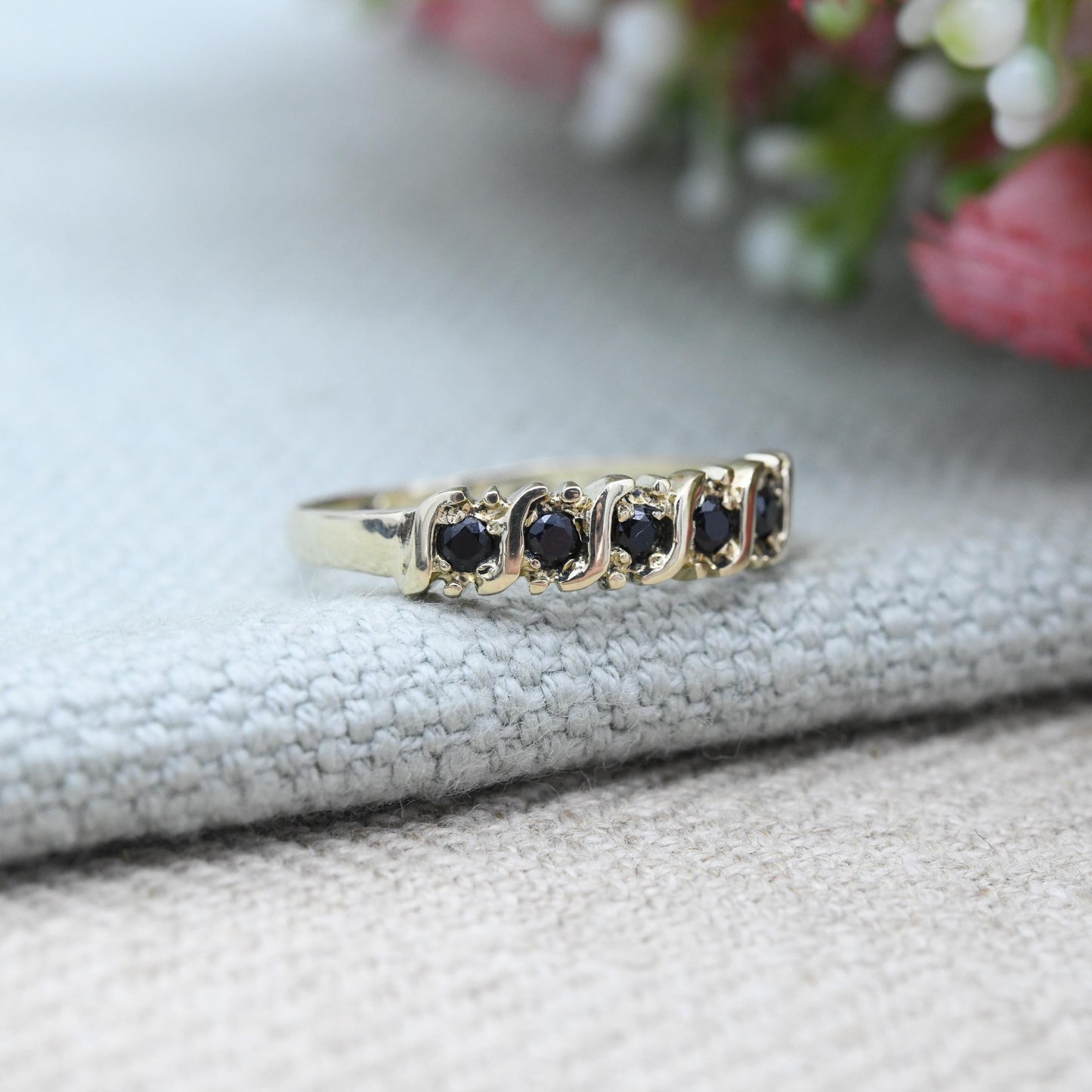 Vintage 9ct Gold Sapphire Half Eternity Ring S Bar Set - Faceted Blue Gemstone Stacker Band Pretty Gift | UK Size - O 1/2 | US Size - 7 1/2