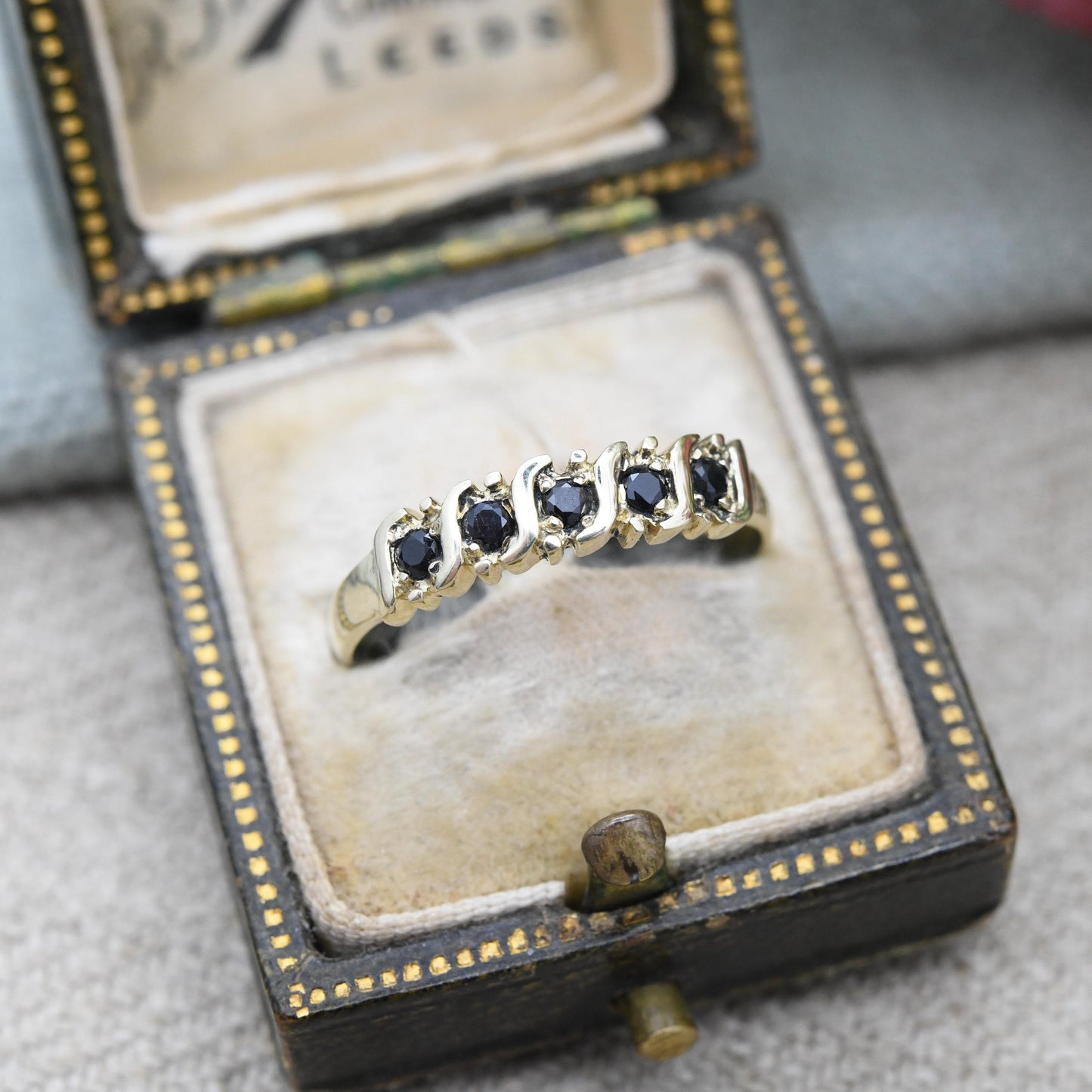 Vintage 9ct Gold Sapphire Half Eternity Ring S Bar Set - Faceted Blue Gemstone Stacker Band Pretty Gift | UK Size - O 1/2 | US Size - 7 1/2