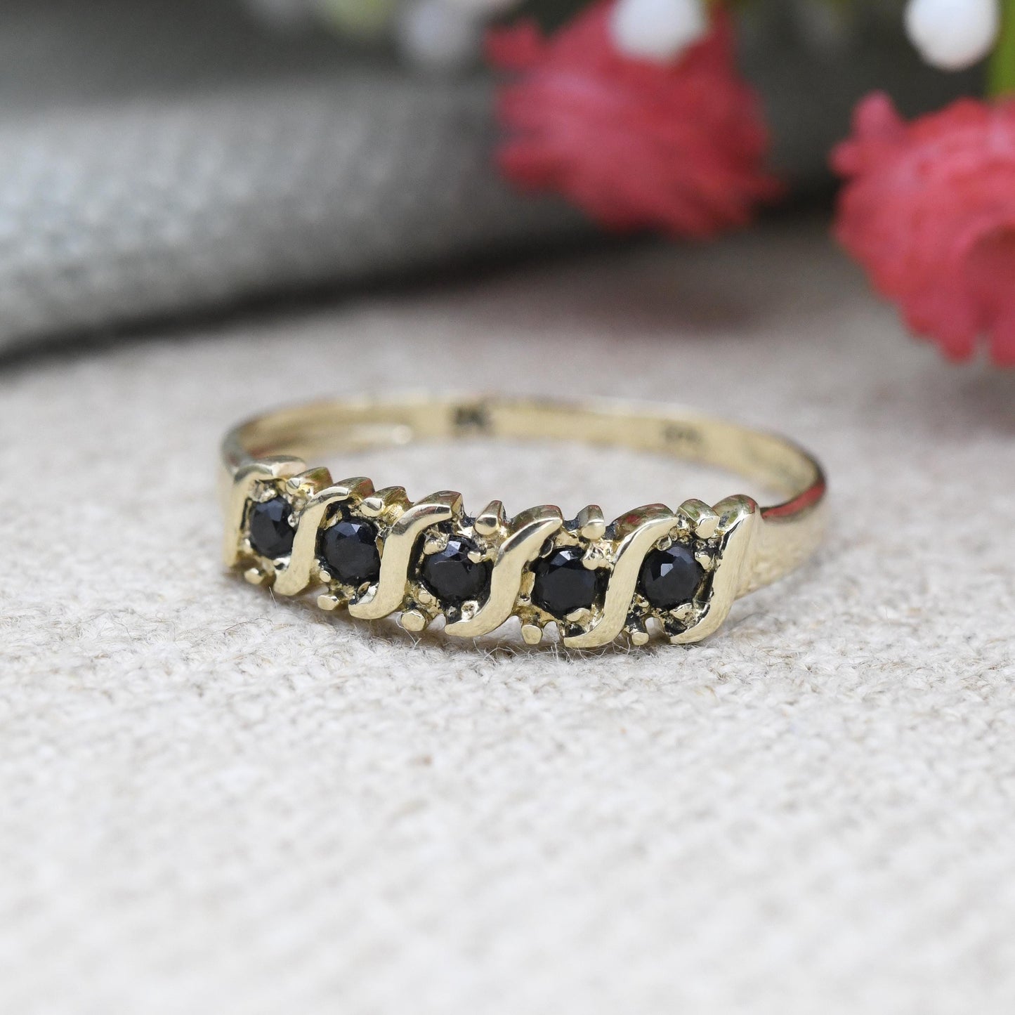 Vintage 9ct Gold Sapphire Half Eternity Ring S Bar Set - Faceted Blue Gemstone Stacker Band Pretty Gift | UK Size - O 1/2 | US Size - 7 1/2