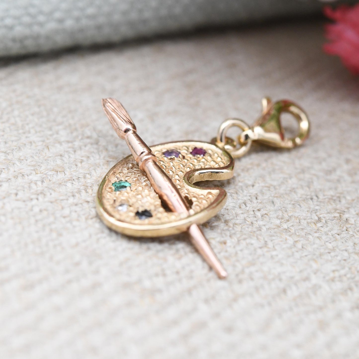 Vintage 9ct Gold Paint Palette Charm Pendant 1991 Gemstones - Diamond Ruby Emerald | Gift for Artist Art Lover Yellow Rose Gold Paintbrush
